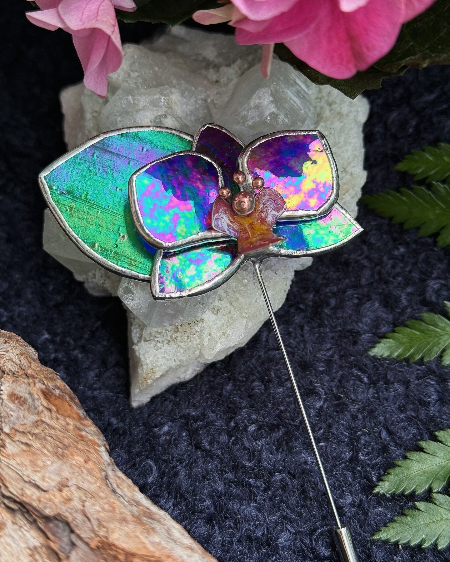 Orchid Brooch Statement Stained Glass Floral Pin, Modern Art Jewelry