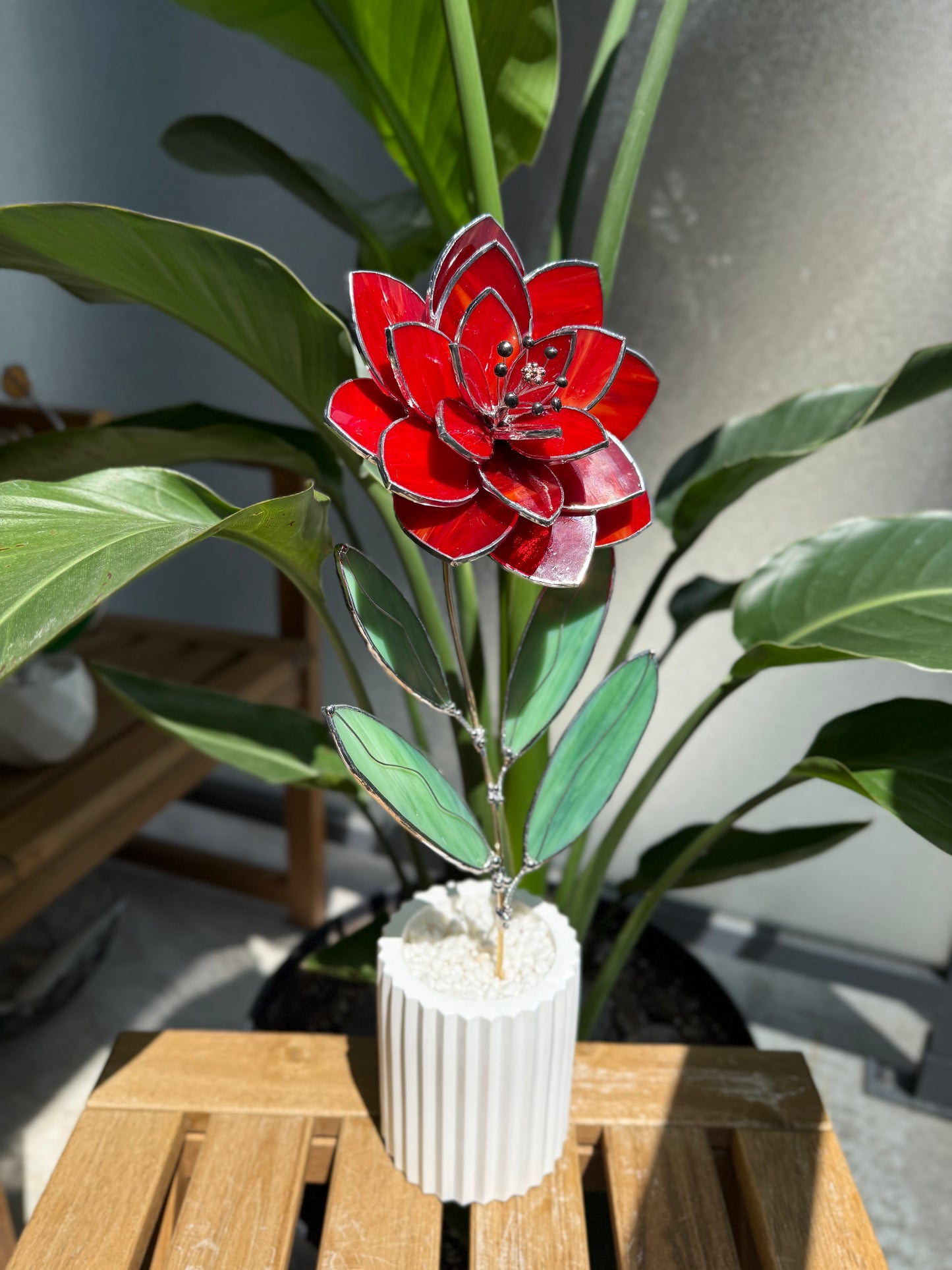 .Amber Red Peony Stained glass flower 3D Botanical Table Plant Decor new