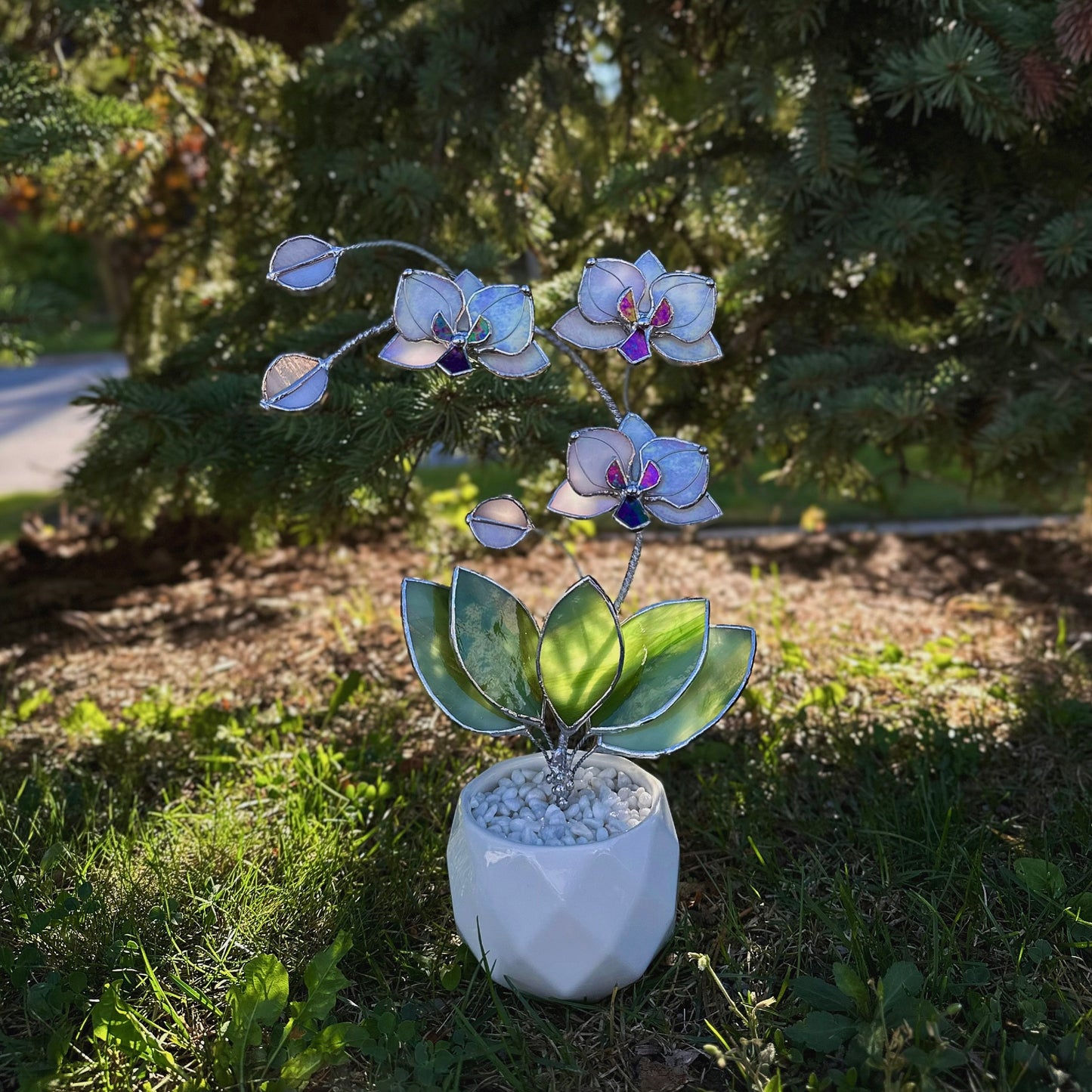 " . Orchid Pearl white iridescent, 3 flowers with pot” Stained glass tropical flower 3D, Sun catcher, Table plant decor, Garden stick, Outdoor and gardening decor