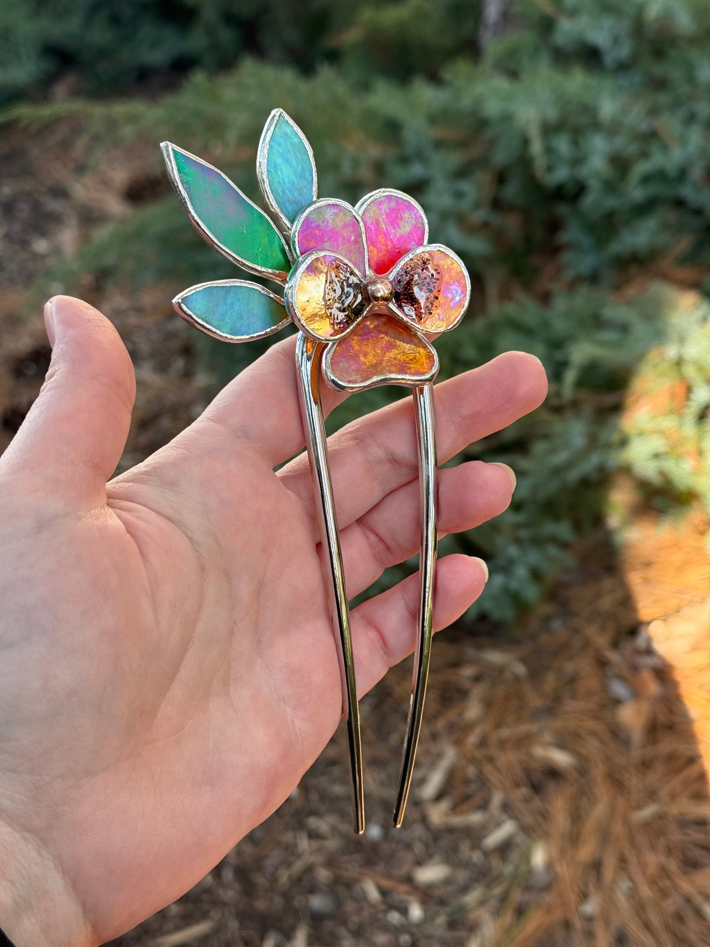 .Hair Pin Stained Glass Pansy Flower CHOOSE COLOR Handmade Floral Accessories