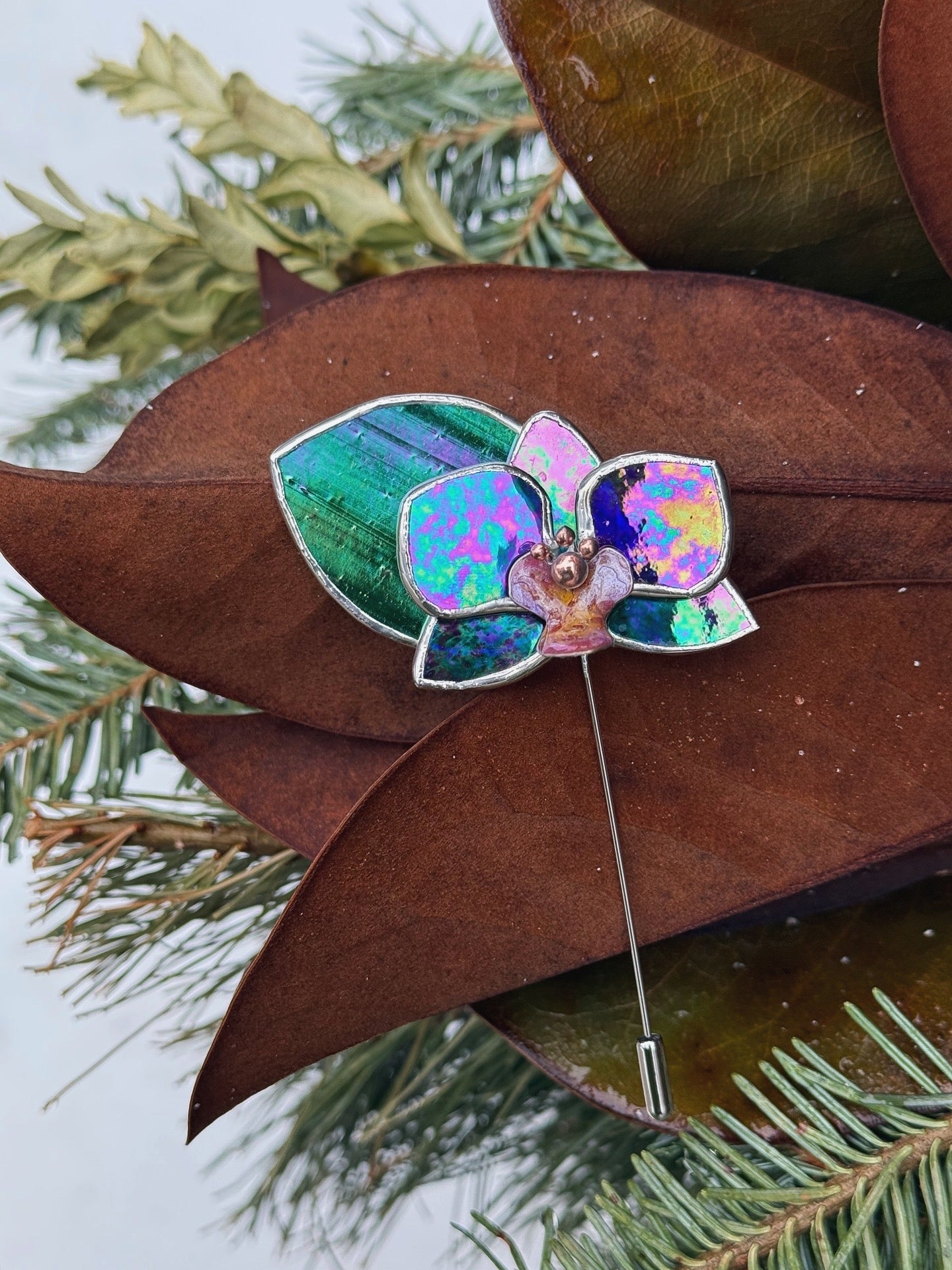 Orchid Brooch Statement Stained Glass Floral Pin, Modern Art Jewelry