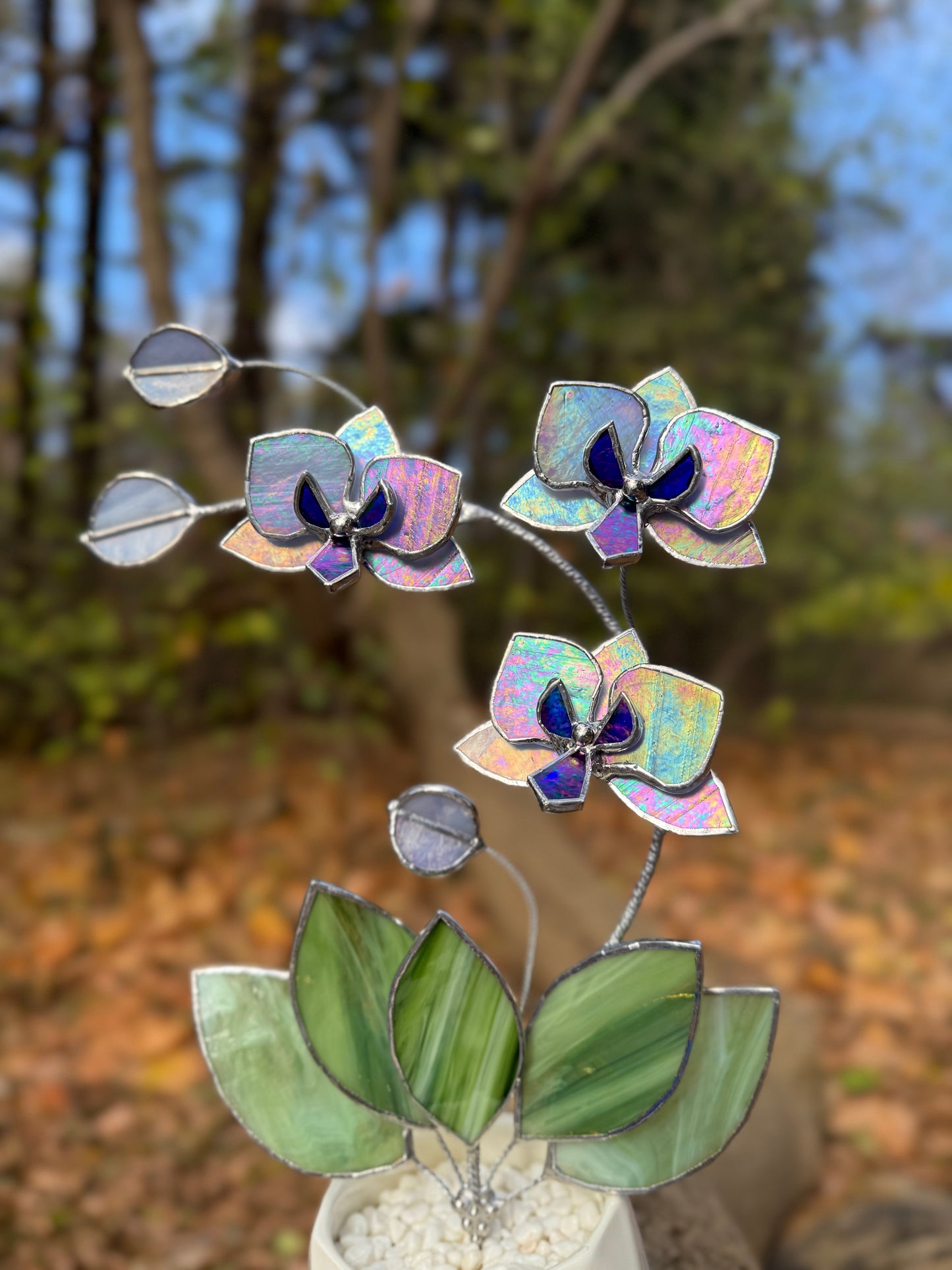 " . Lavender iridescent Orchid 3 flowers with pot” Stained glass tropical flower 3D, Sun catcher, Table plant, Garden stick, Outdoor and gardening decor