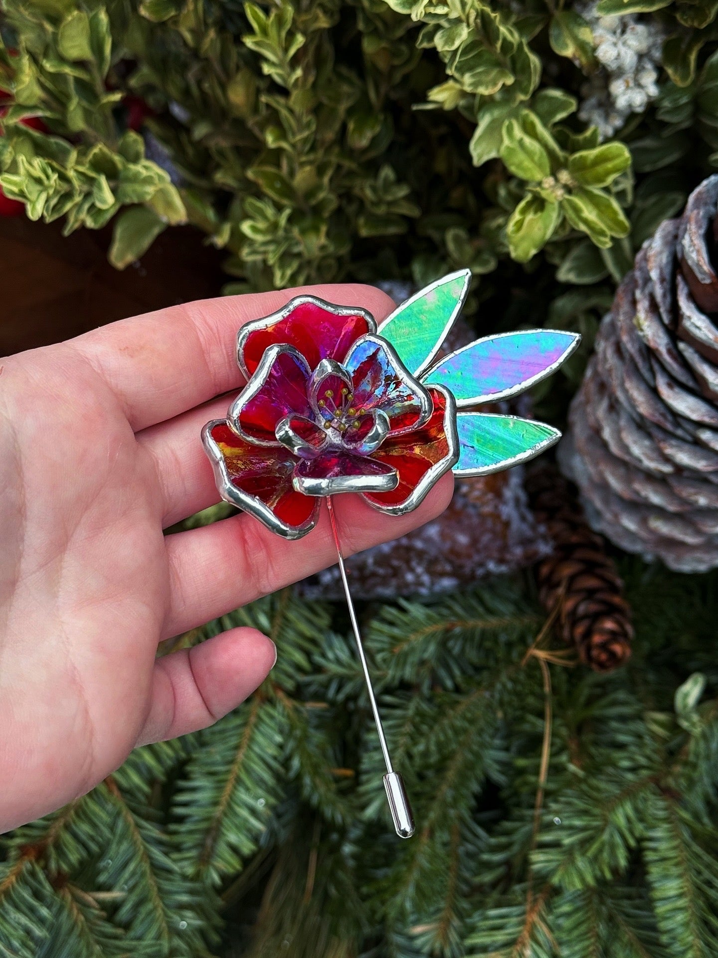 Red Rose Brooch Statement Stained Glass Floral Pin, Modern Art Jewelry