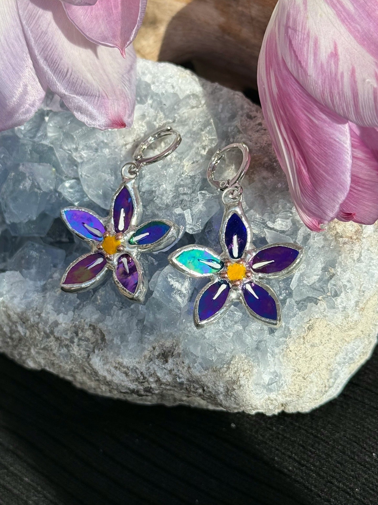 .Forget Me Not Earrings Indigo Luminescent Handcrafted Stained glass Botanical Art Jewelry