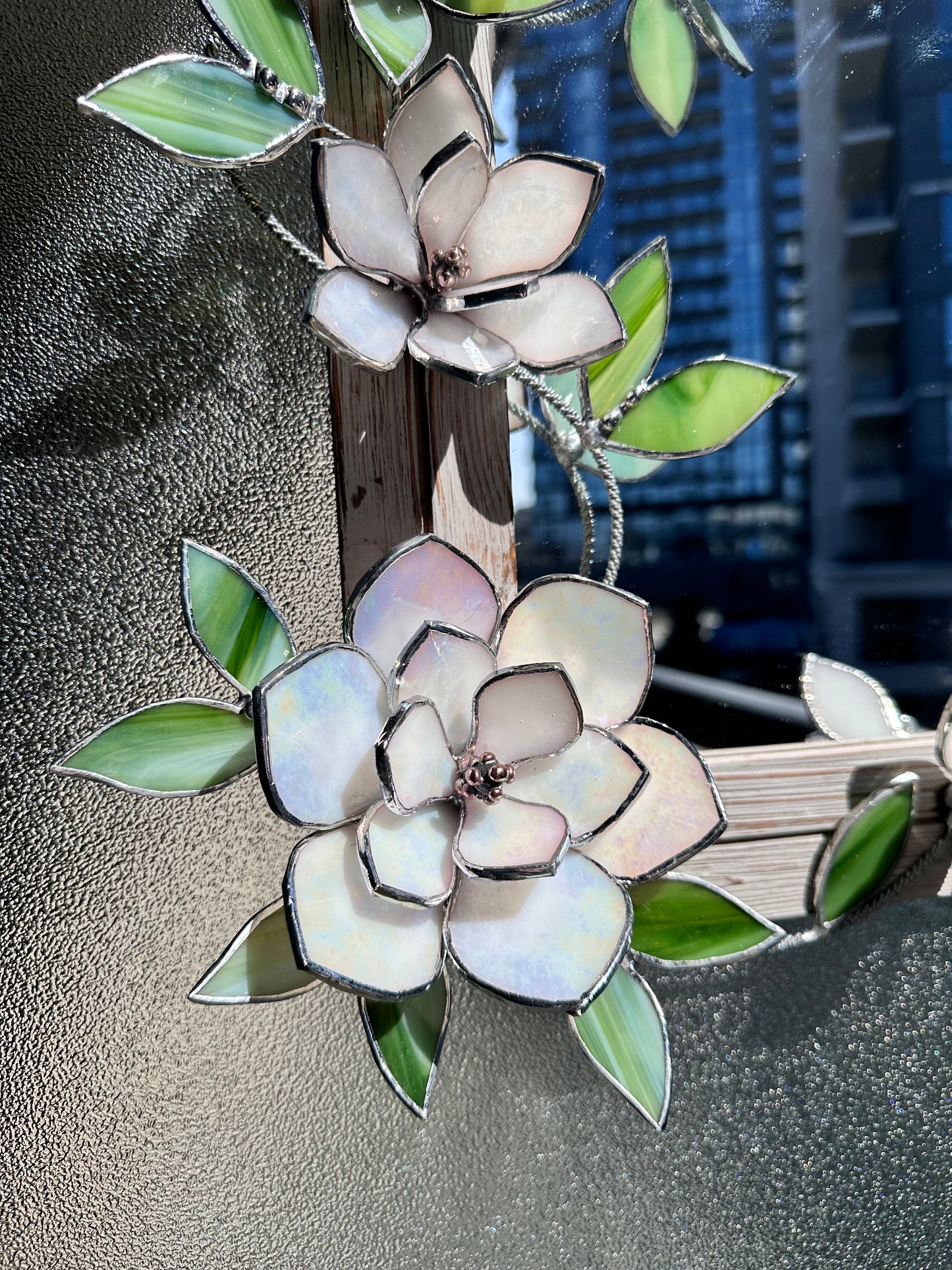 ". Stained glass flower Mirror White Pearl Magnolia Wedding Wall Decor Christmas gift Everlasting, Suncatcher, succulent,