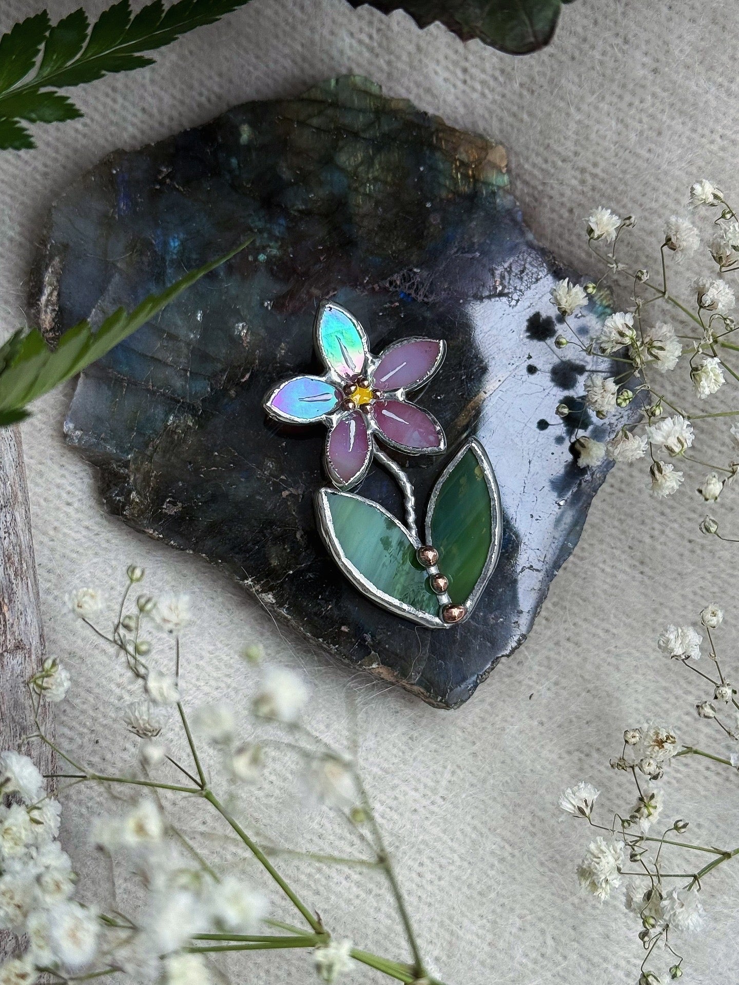 Forget me not Pink Brooch Stained Glass Flower Pin, Modern Art Jewelry statement ready