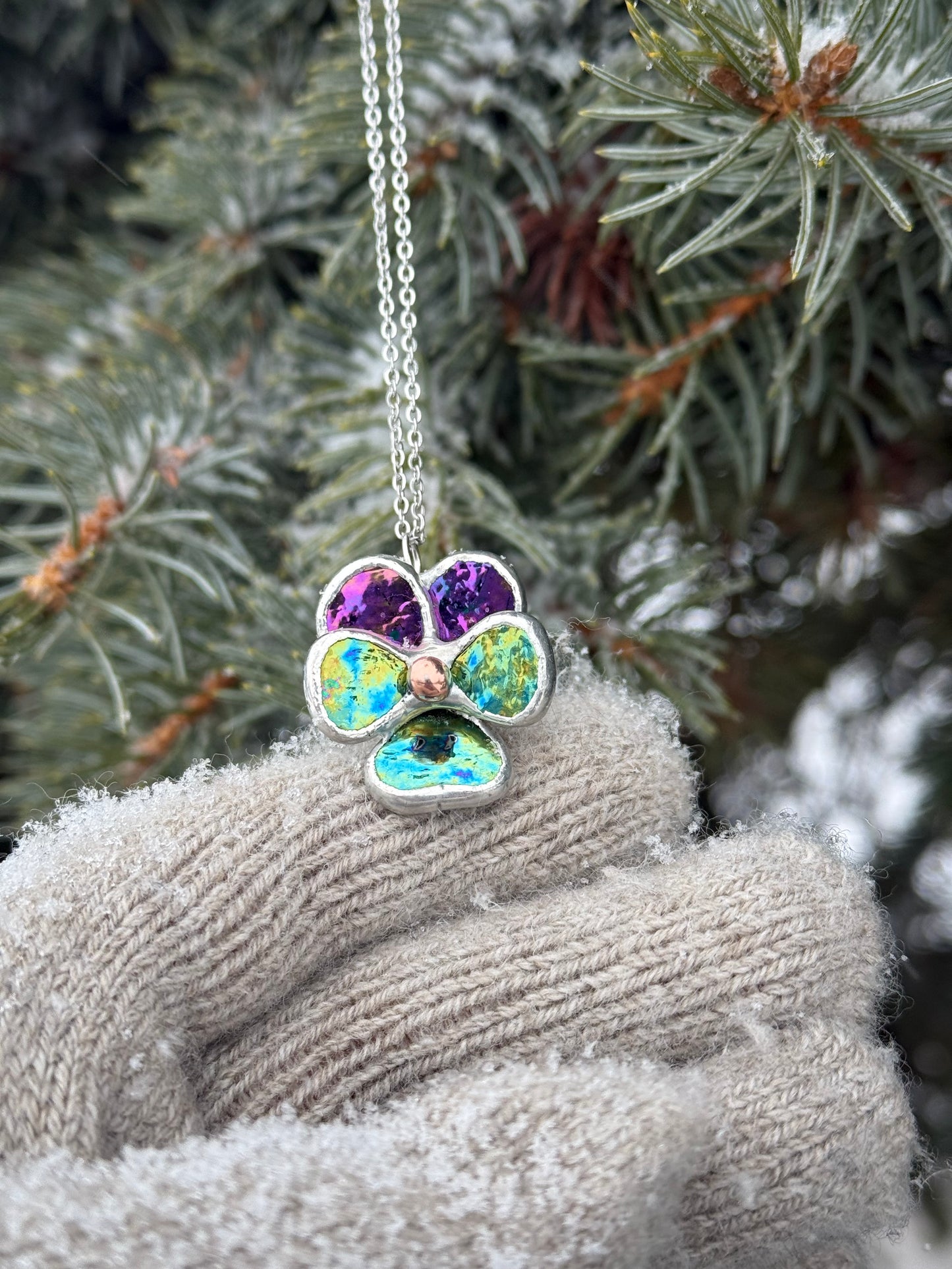 " . Pansy Purple lumi & Yellow-blue lumi Necklace ” Stained glass tropical flower 3D, art jewelry