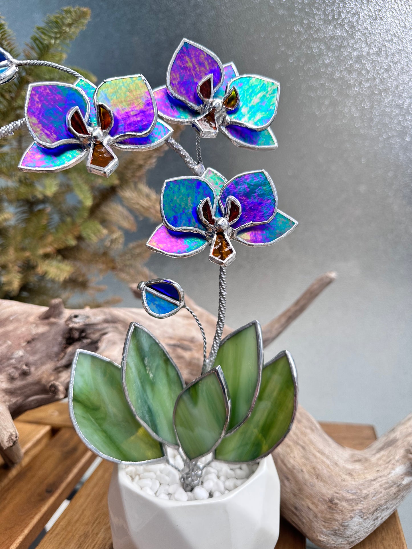 " .Indigo iridescent Orchid 3 flowers with pot” Stained glass tropical flower 3D, Sun catcher, Table plant, Garden stick, Outdoor and gardening decor