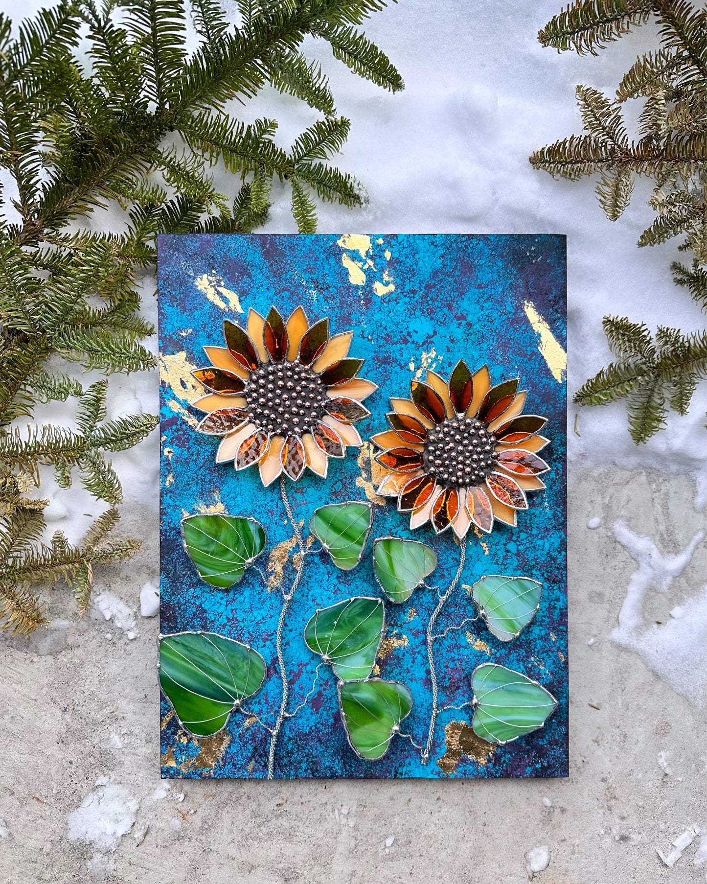 ".Acrylic painting with stained glass 3D flowers  Midnight Sunflowers" wall decor Art, Wedding, Christmas, gift  Succulents