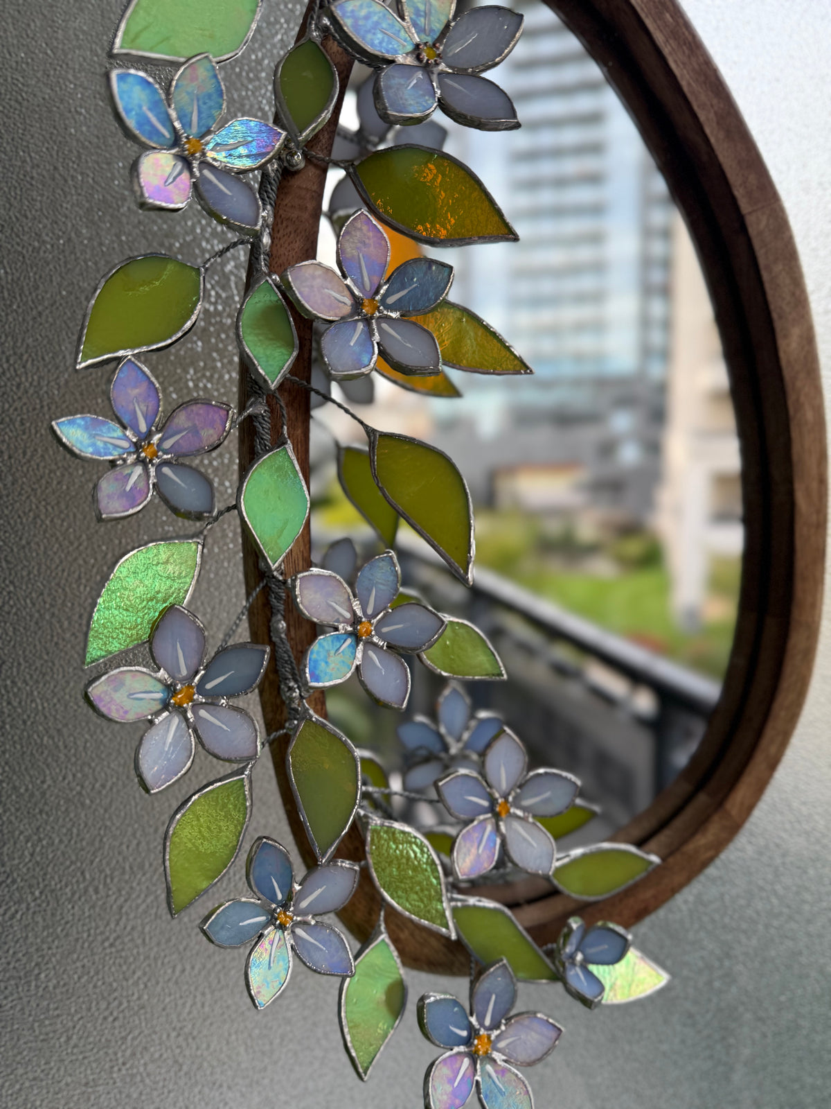 .Forget Me Not iridescent Stained glass Flower Mirror, 3D Botanical Floral Wall Art ready new
