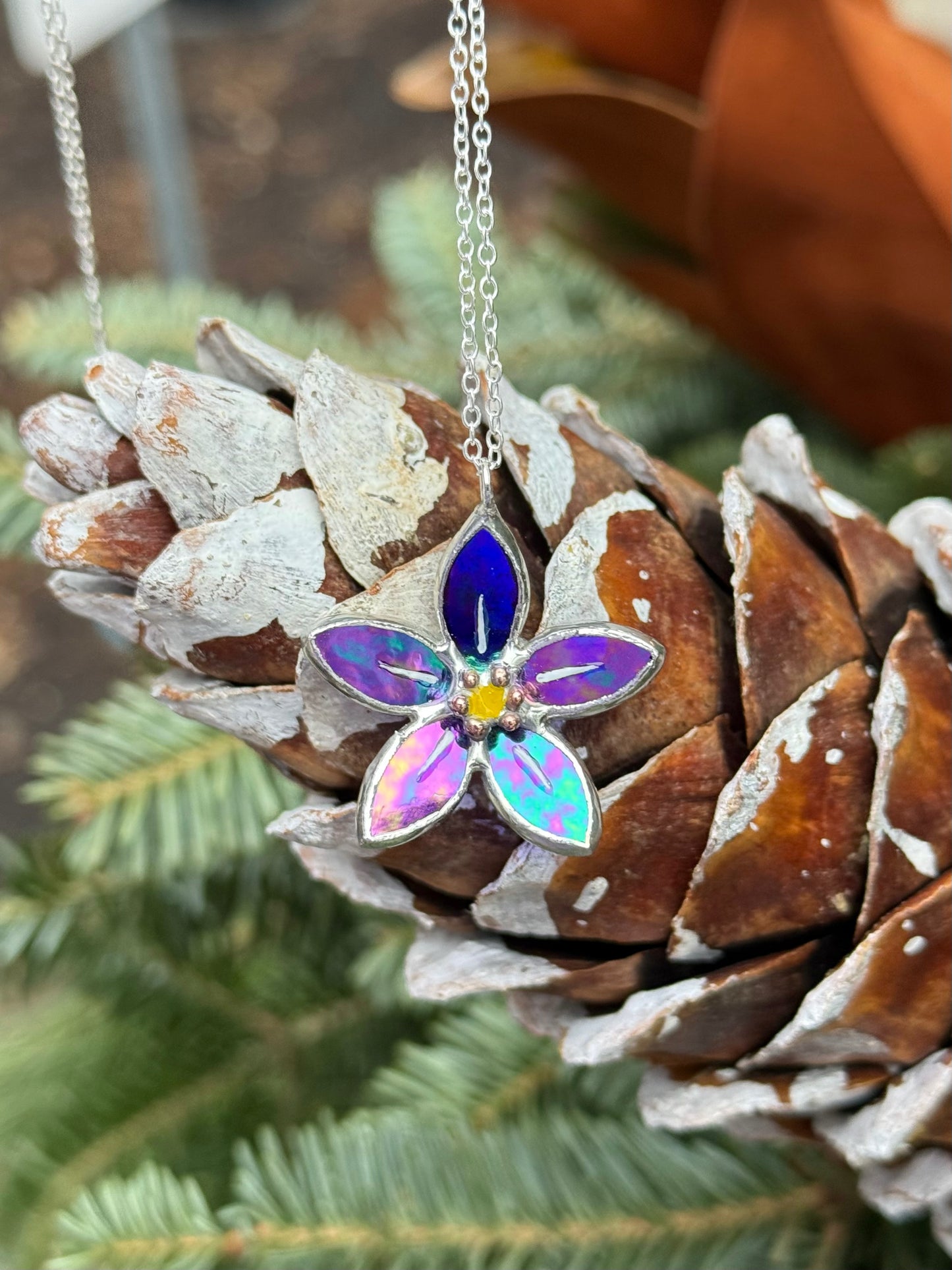 Forget Me Not Necklace Stained Glass Necklace Indigo, Botanical Jewelry