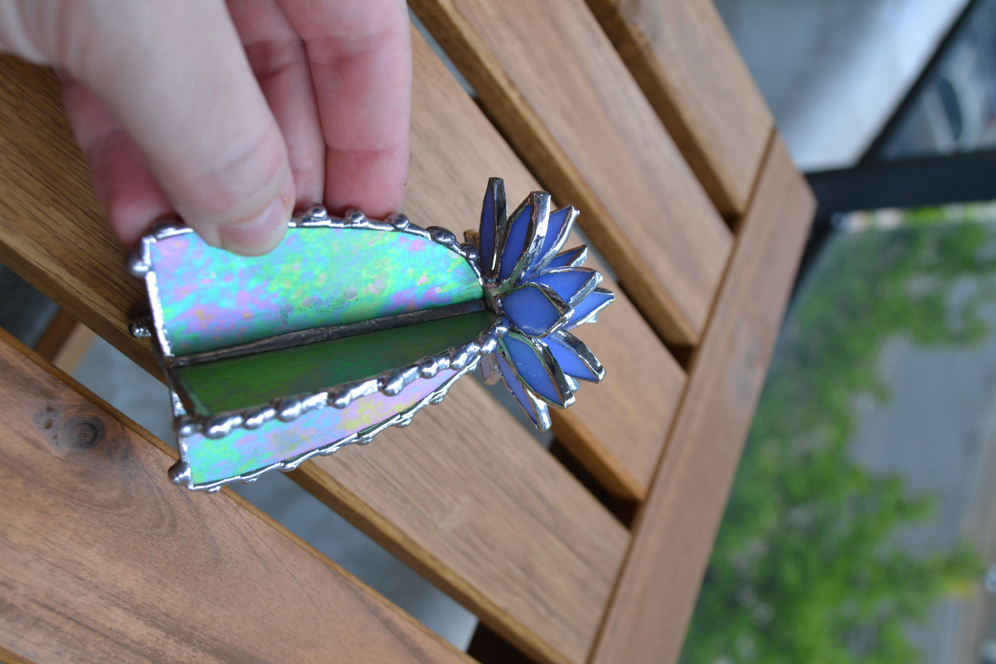 "Cactus Irid Blue " Stained glass , Succulent 3D design, Mother’s Day gift, house plant for flower pot, Sun catcher, glass art