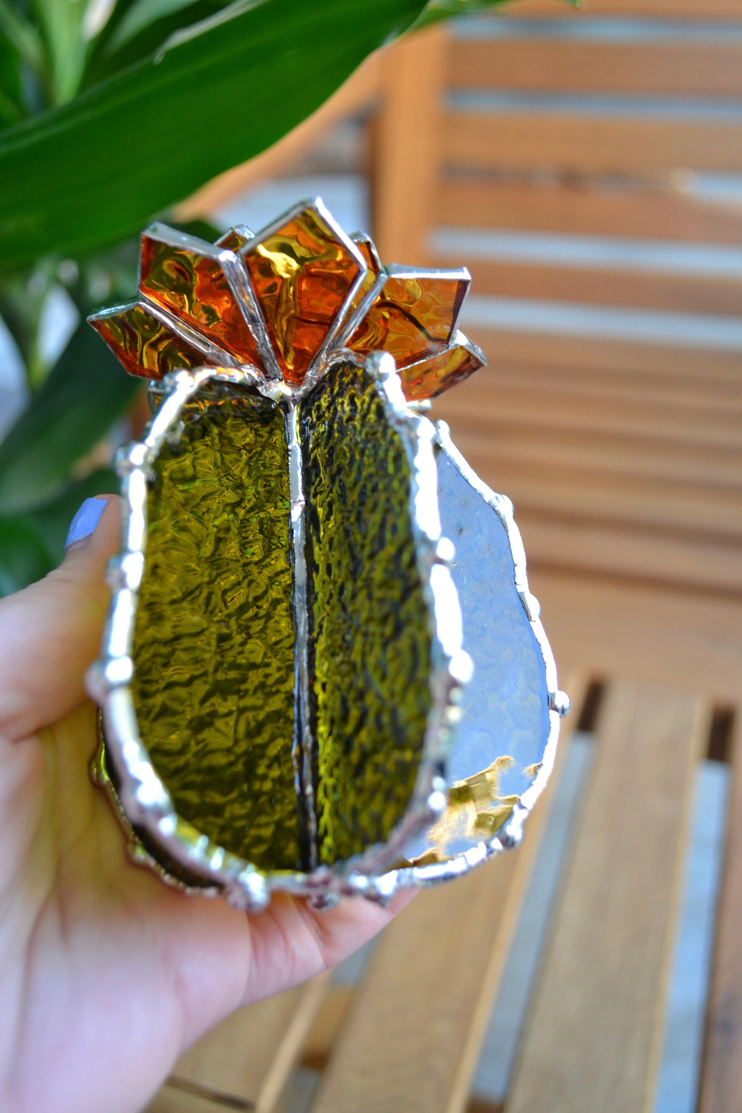 "Cactus blooming Amber Semi-Transparent XL" Stained glass Succulent 3D design, house plant for flower pot, Sun catcher, glass art, wedding decor