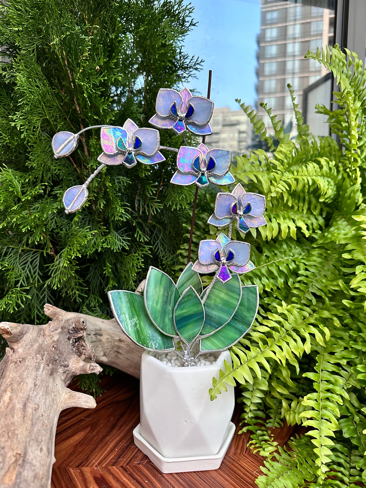 " . Lavender iridescent Orchid 5 flowers with pot" Stained glass tropical flower 3D, Sun catcher, Table plant, Garden stick, wedding decor, Christmas gift