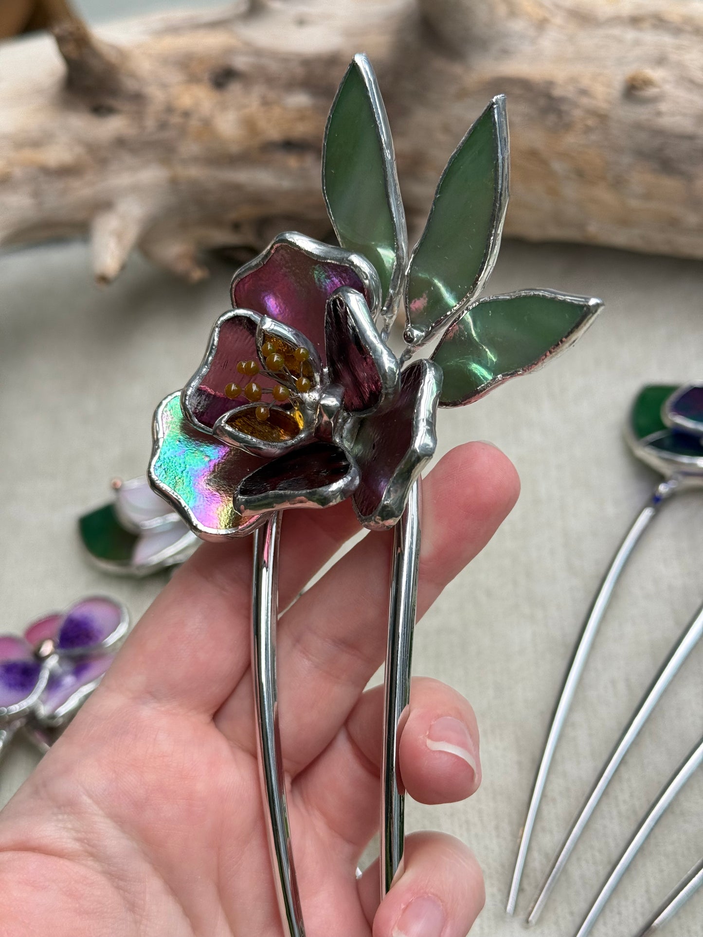 .Hair Pin Stained Glass Peony Flower CHOOSE COLOR Handmade Accessories