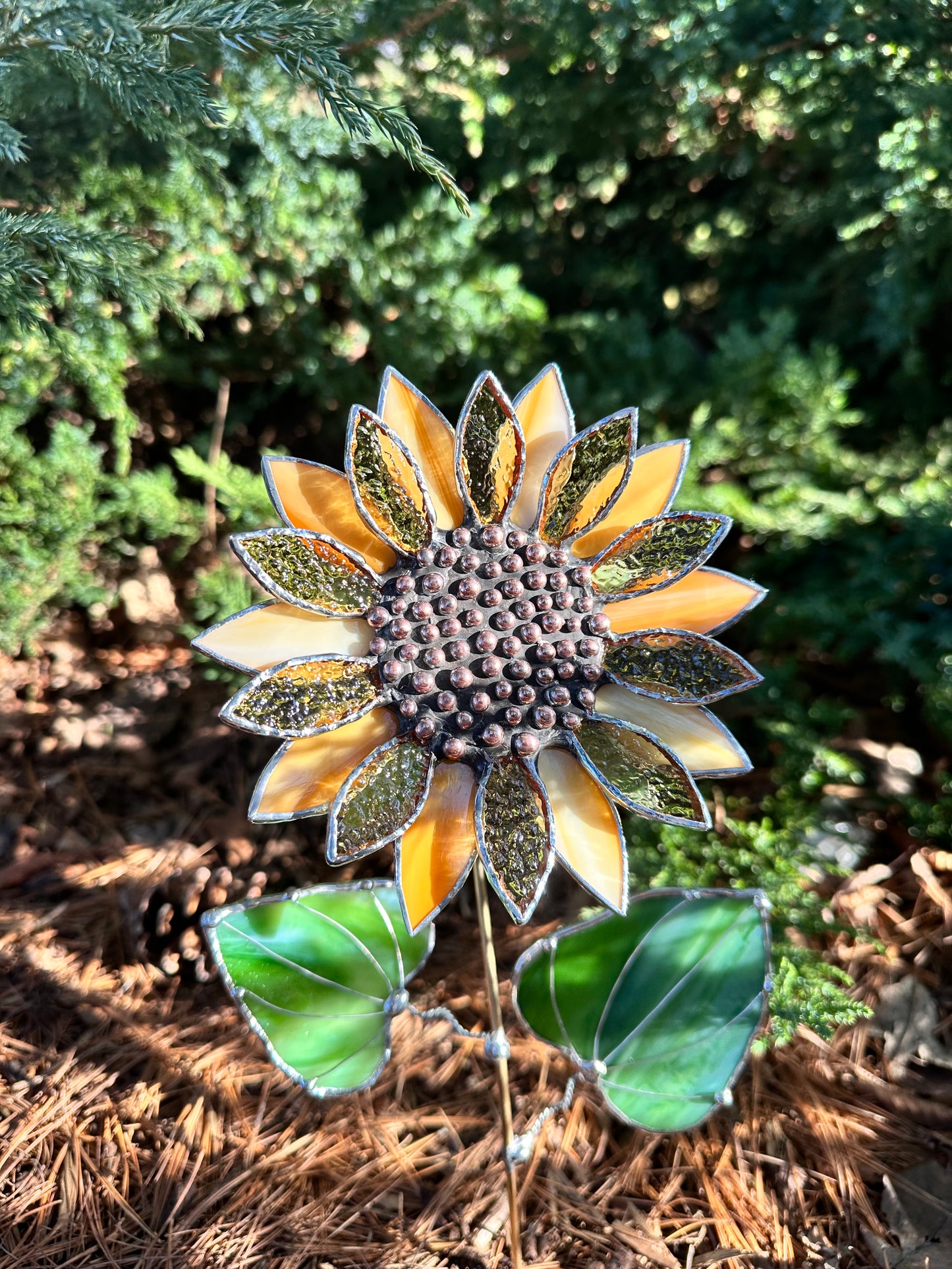 ".Sunflower Light Amber", stained glass tropical flower 3D, Sun catcher, Table plant decor, Garden stake, Outdoor and gardening, wedding Christmas gift