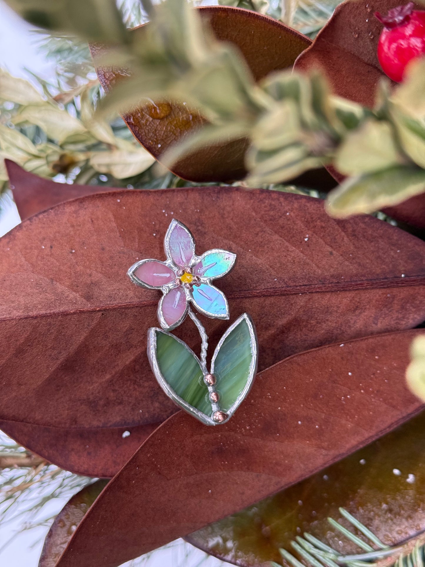 Forget me not Pink Brooch Stained Glass Flower Pin, Modern Art Jewelry statement ready