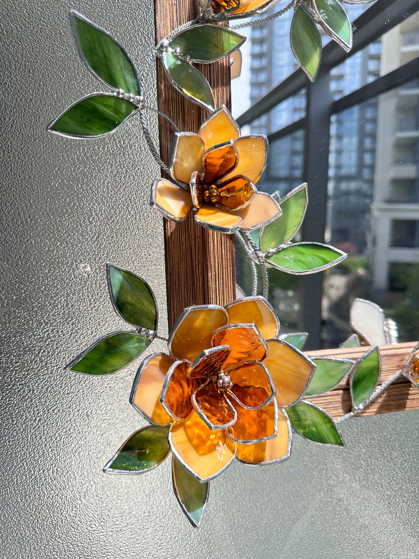 " . Amber Magnolia Flower Mirror, Stained glass Wedding Wall Decor, Christmas gift, Suncatcher