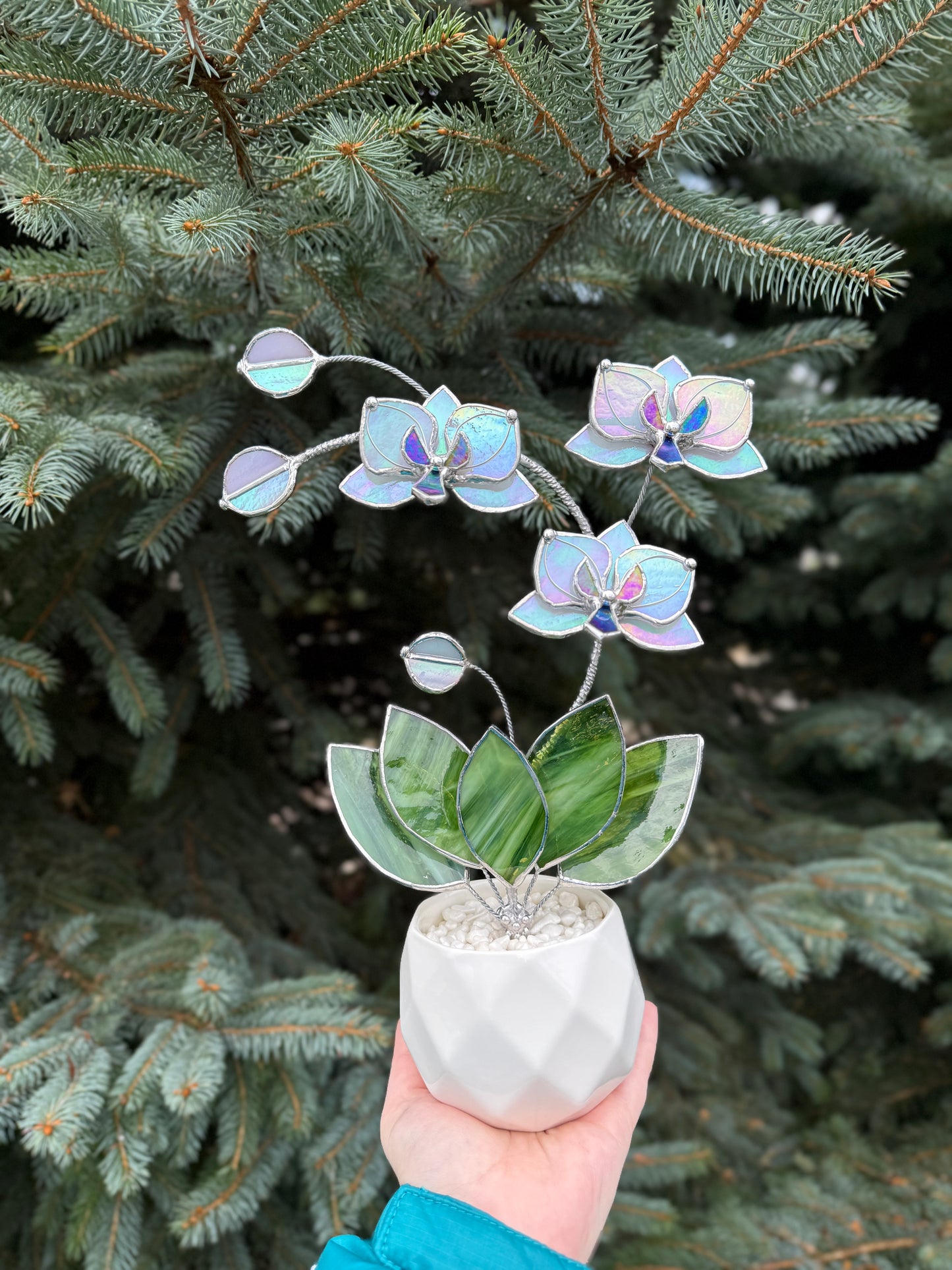 " . Orchid White luminescent, 3 flowers with pot” Stained glass tropical flower 3D, Suncatcher, Table plant decor