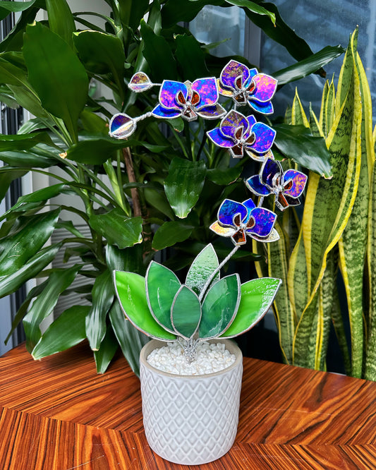 ". Amethyst luminescent Orchid 5 flowers with pot" Stained glass tropical flower 3D, Sun catcher, Table plant, Garden stick, wedding decor, Christmas gift