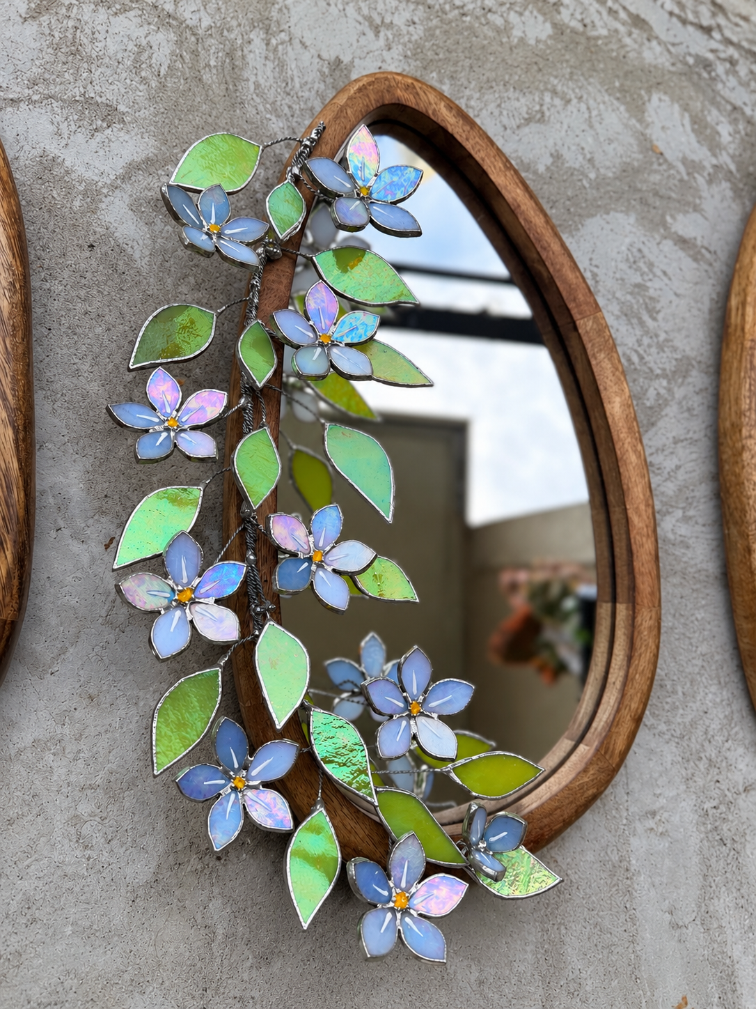 .Forget Me Not iridescent Stained glass Flower Mirror, 3D Botanical Floral Wall Art ready new