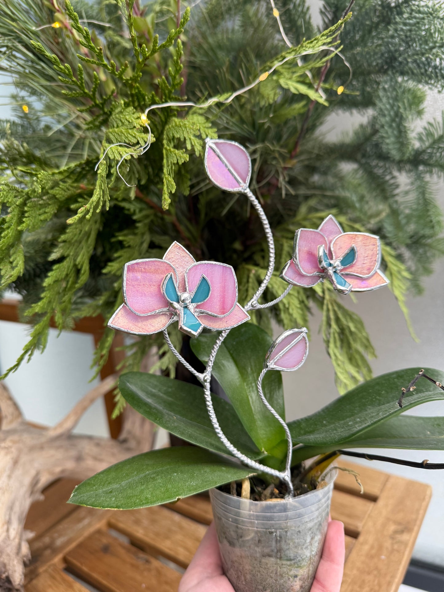 "  . Bright Pink iridescent Orchid flower stick, Plant stake 2 flowers no pot” Stained glass decor