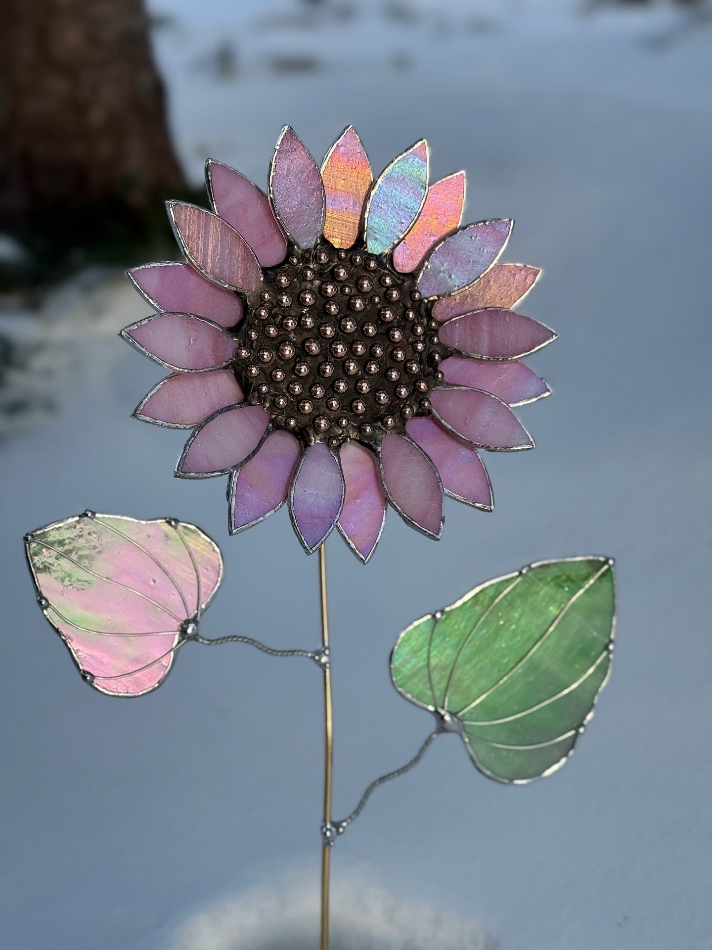 "  . Sunflower Delicate Pink irid ", stained glass tropical flower 3D, Sun catcher, Table plant decor, Garden stake, Outdoor and gardening, wedding Christmas gift