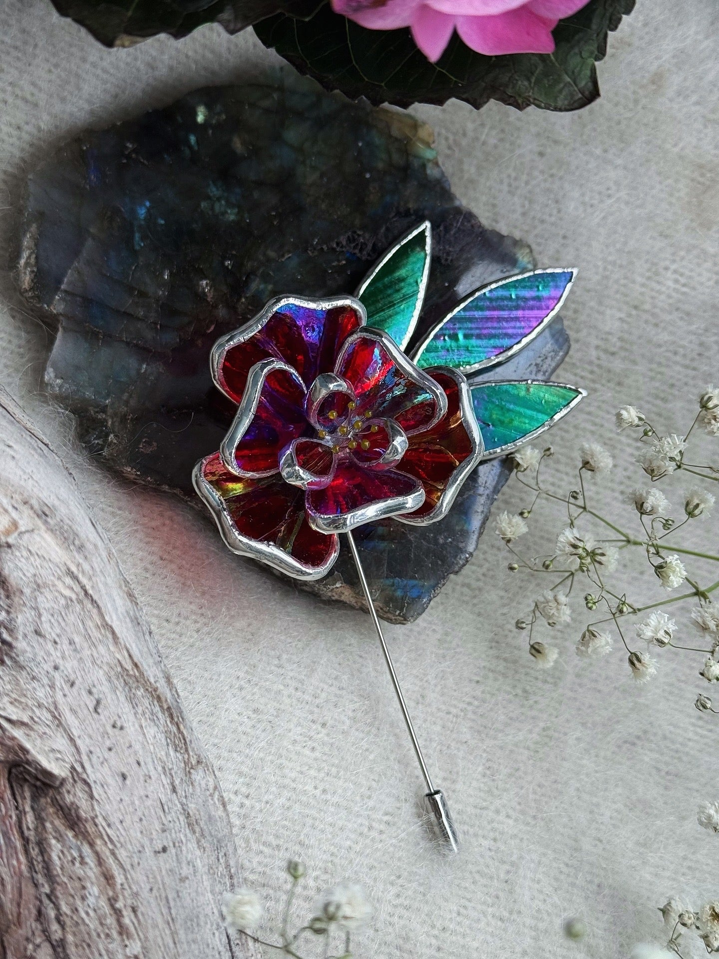 Red Rose Brooch Statement Stained Glass Floral Pin, Modern Art Jewelry