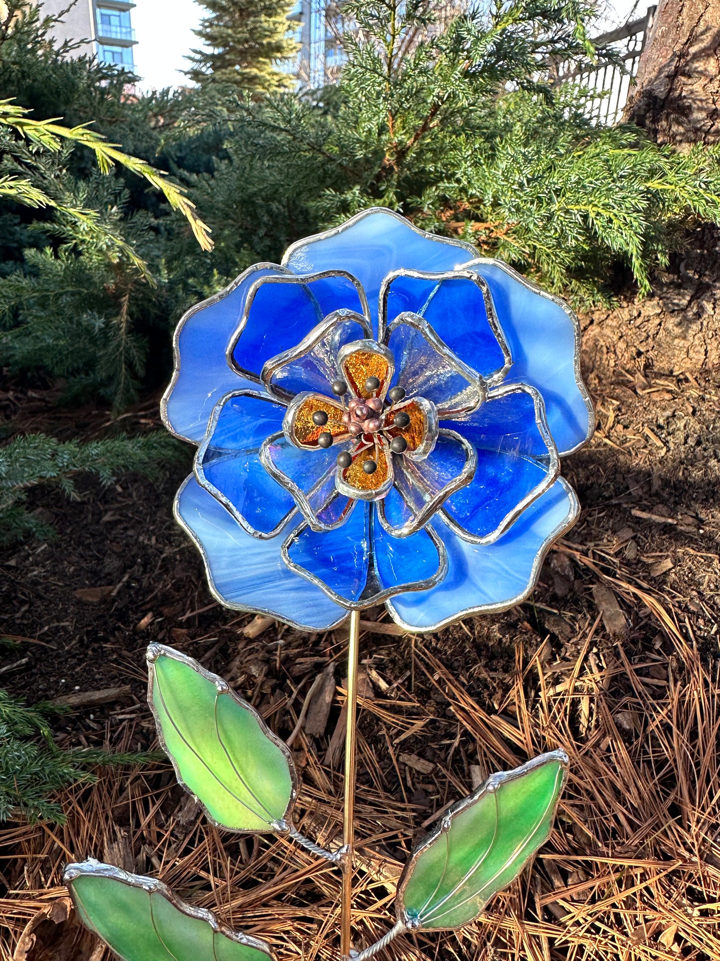 ". Peony Stained glass flower Sky Blue & Gold,  tropical 3D Sun catcher, Table plant decor