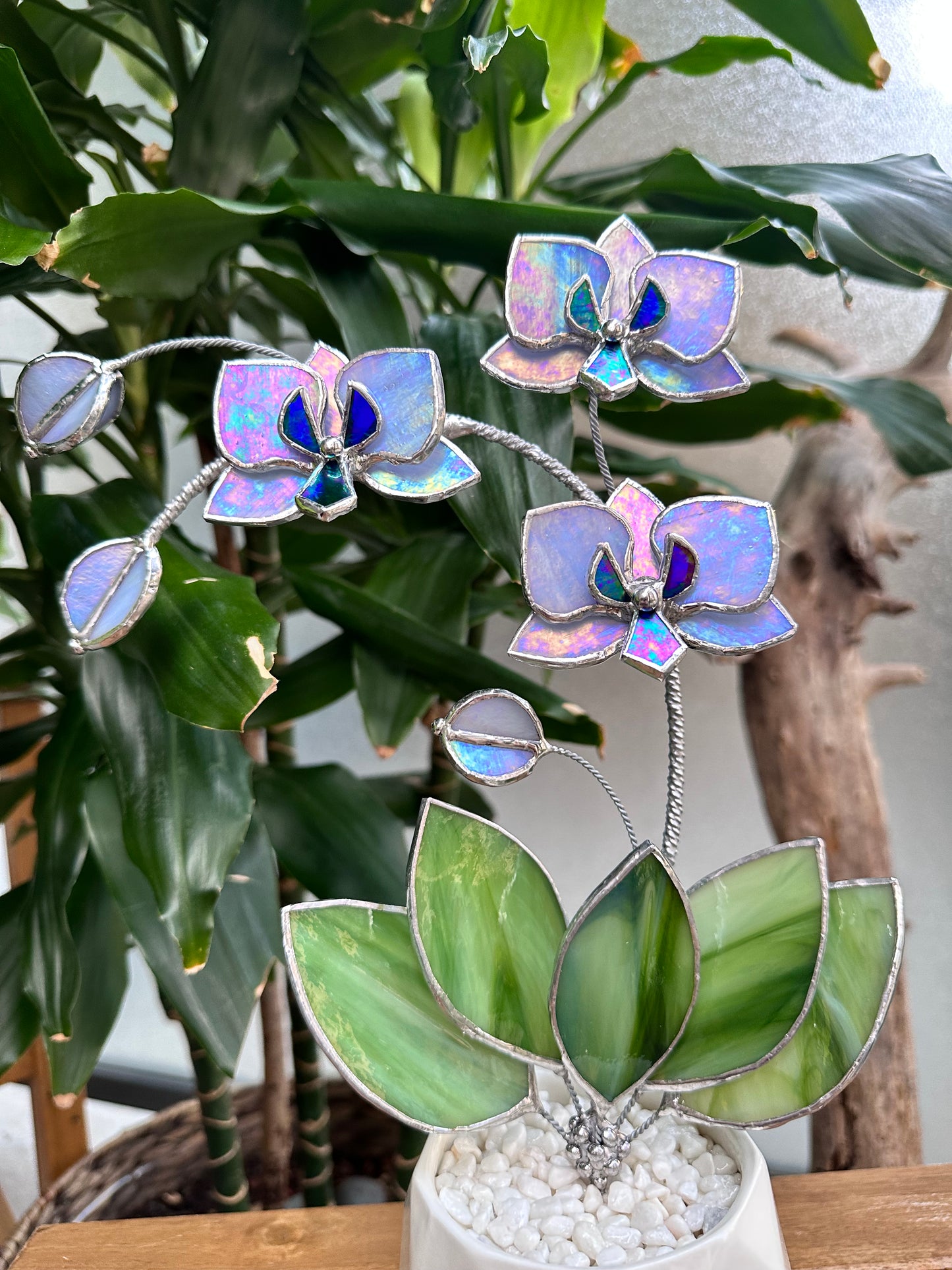 " . Lavender iridescent Orchid 3 flowers with pot” Stained glass tropical flower 3D, Sun catcher, Table plant, Garden stick, Outdoor and gardening decor