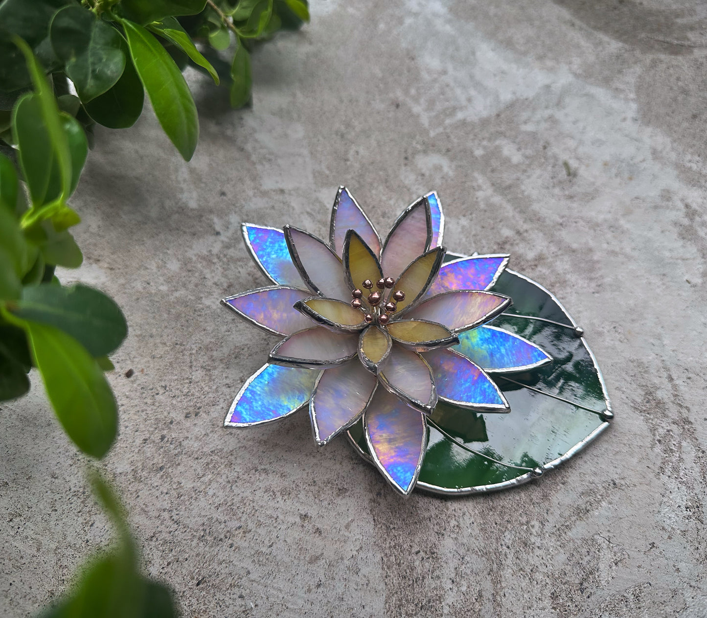 ".Water Lily White Pearl with leaf" Stained glass table decor, holiday decorations, succulents