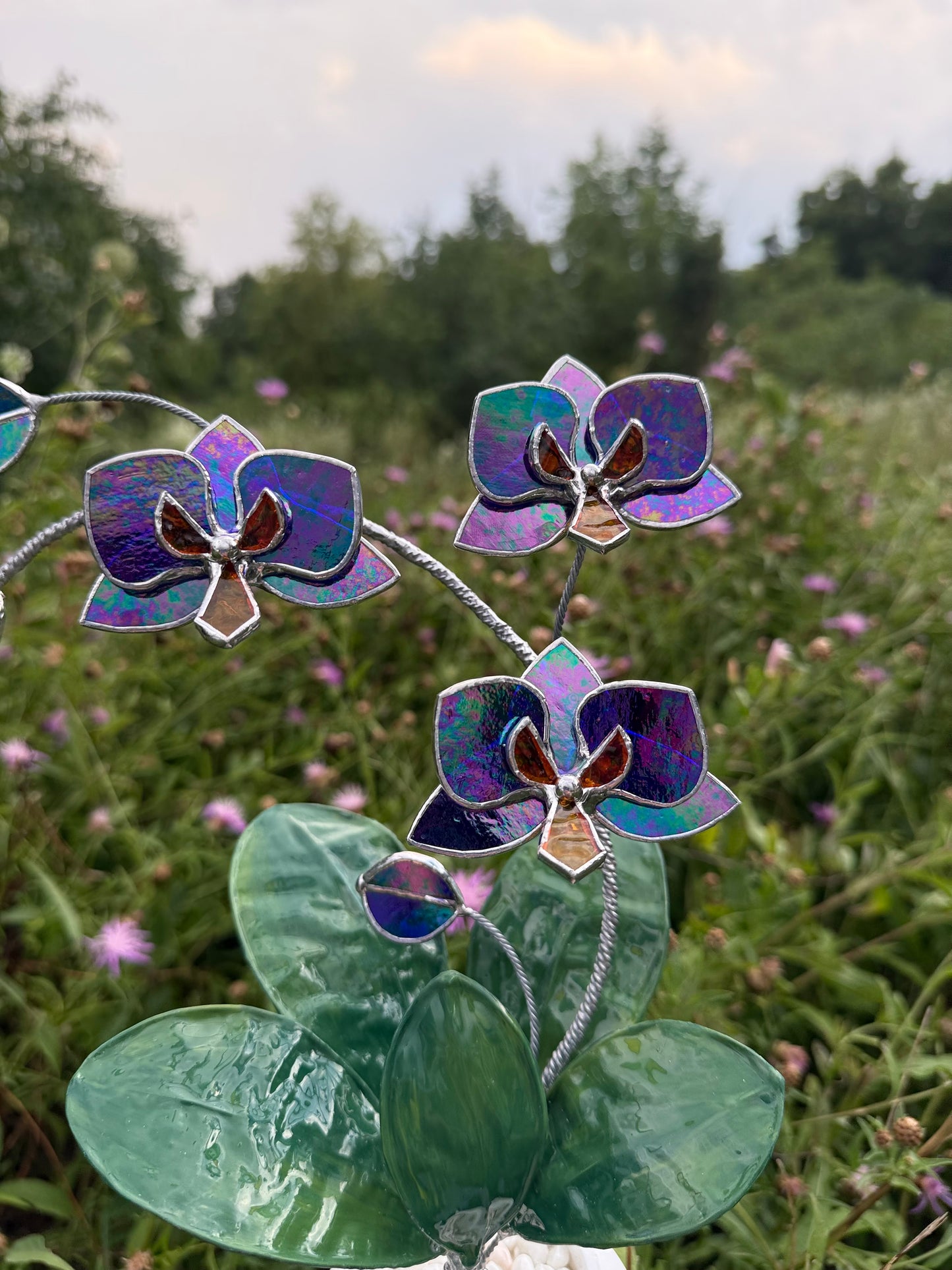 Orchid Indigo Iridescent Stained Glass WITH Hand Painted RESIN LEAVES, 3 Flowers, Botanical Table Decor