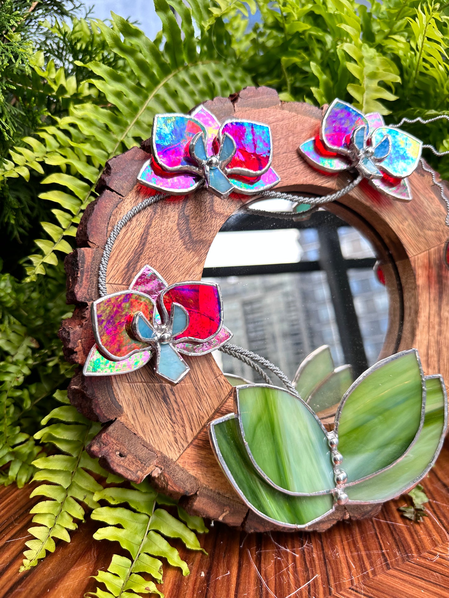 ". Red transparent iridescent Orchid Mirror" Stained glass flower Wall decor.  Sun catcher Wooden frame Home wedding Decor Art. Christmas gift