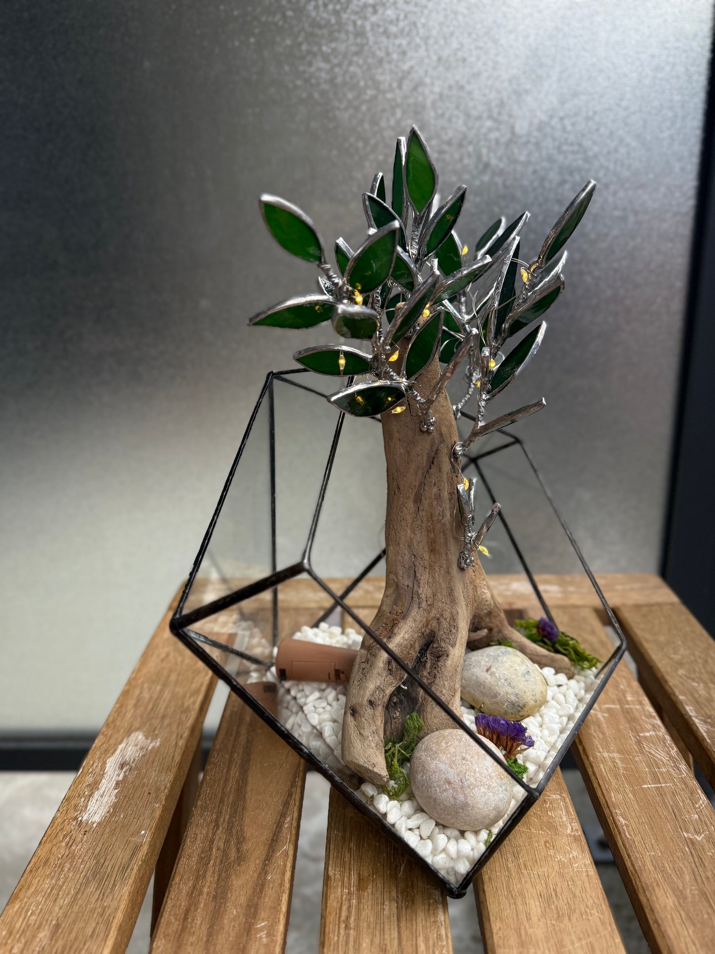 "  . Geometric glass terrarium with bonsai with glass leaves and lights”, Table decor, Christmas gift