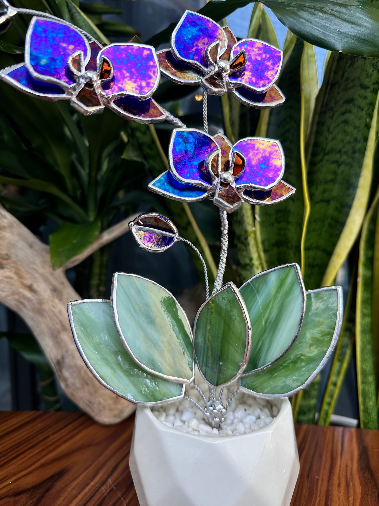 ". Amethyst luminescent Orchid 3 flowers with pot” Stained glass tropical flower 3D, Sun catcher, Table plant, Garden stick, Outdoor and gardening decor