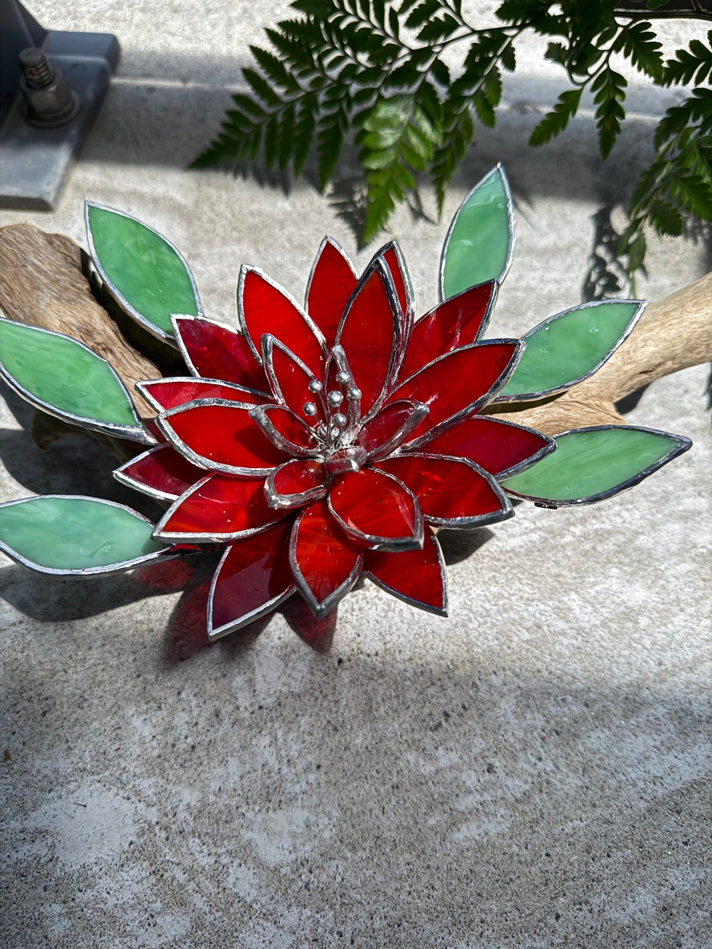 .Fire Flower Stained Glass Driftwood Wall Decor Suncatcher