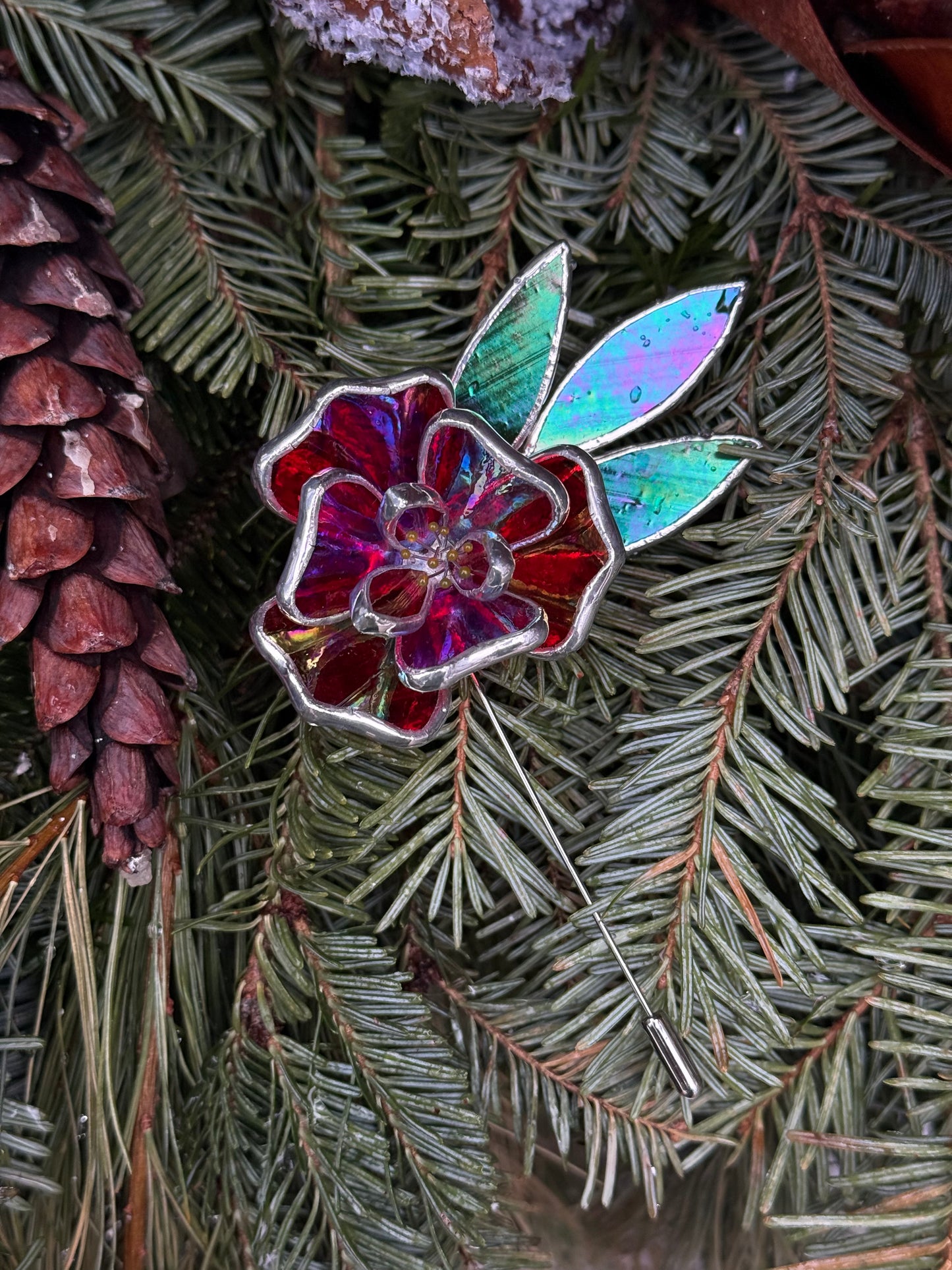 Red Rose Brooch Statement Stained Glass Floral Pin, Modern Art Jewelry