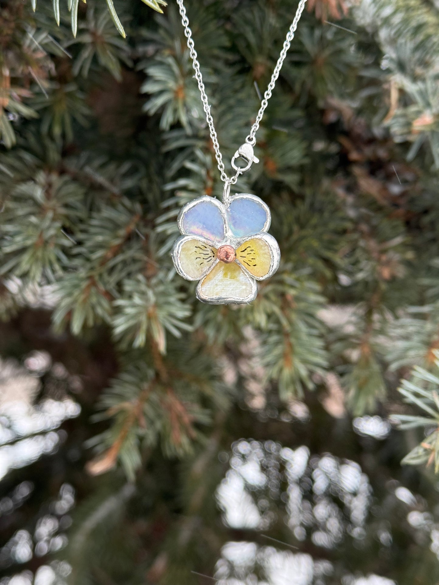 " . Pansy Lavender irid & Yellow irid Necklace” Stained glass tropical flower 3D, art jewelry