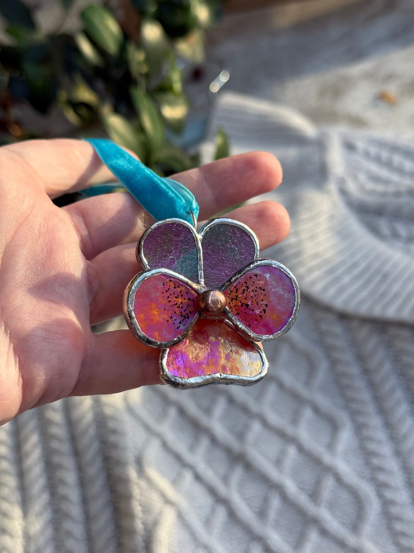 " . Pansy flower Mauve & Orange irid, Stained glass Decorative ORNAMENT, Christmas decoration, Suncatcher