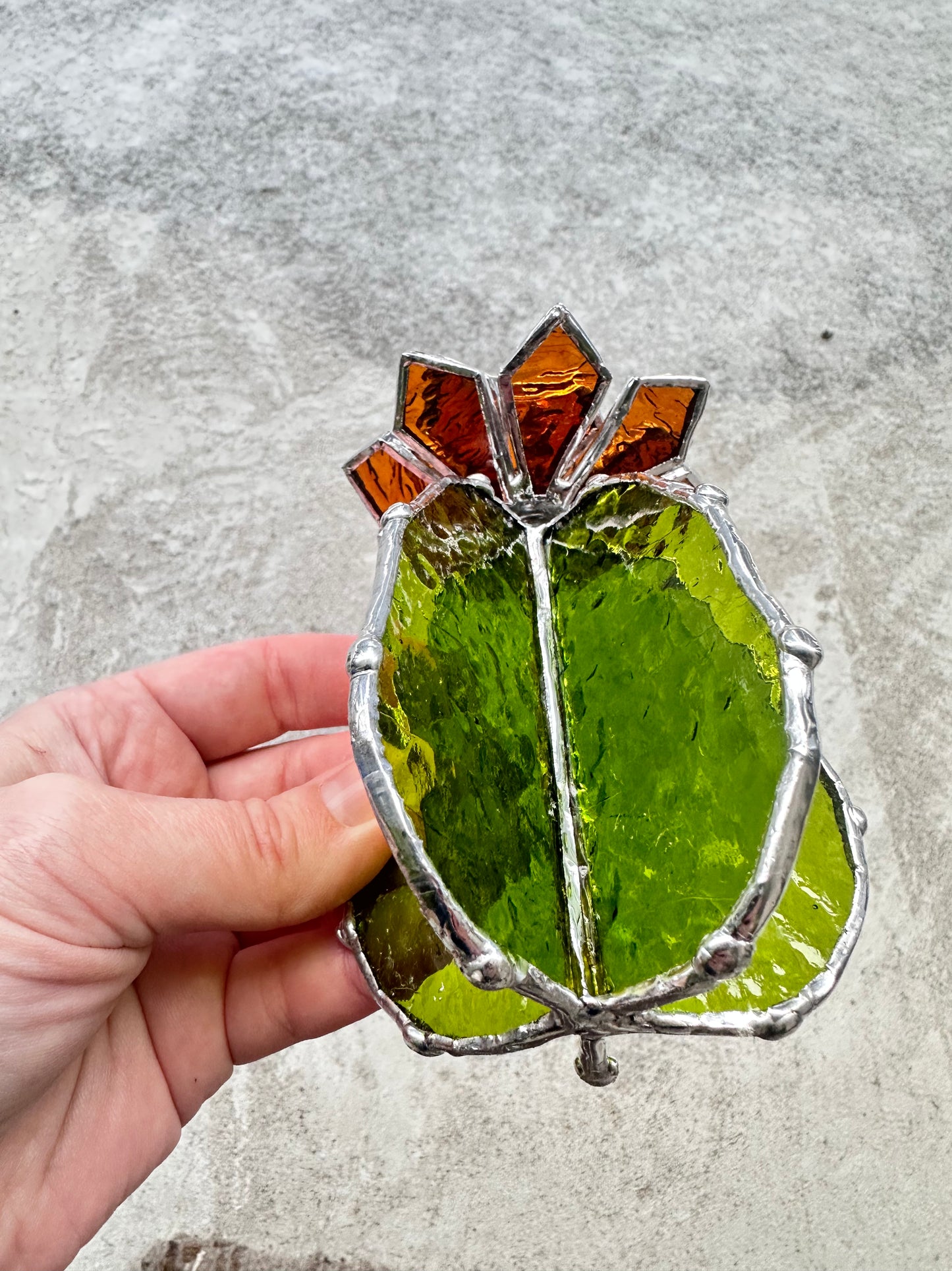 "Cactus XL Amber & Moss Green Stained glass Succulent 3D Cacti house plant for flower pot Sun catcher glass art wedding