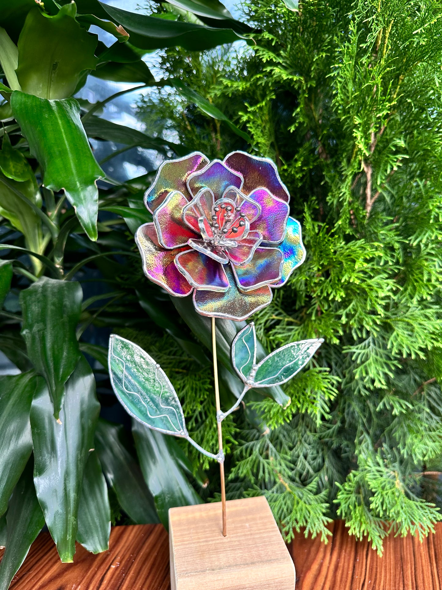 " . Mauve iridescent Peony Stained glass flower, tropical 3D Sun catcher, Table plant decor, wedding gift, available