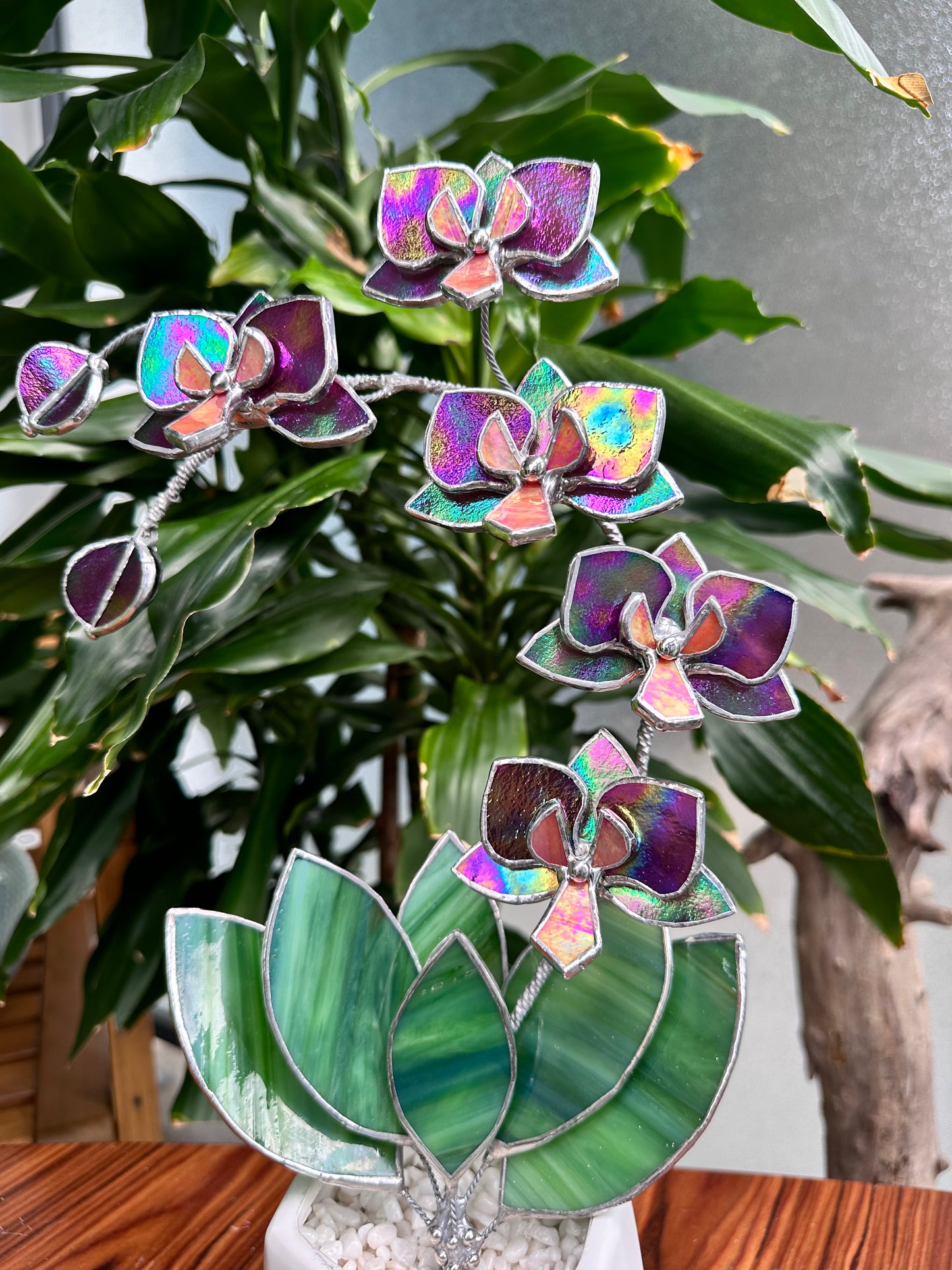 " . Mauve iridescent Orchid 5 flowers with pot" Stained glass tropical flower 3D, Sun catcher, Table plant, Garden stick, wedding decor, Christmas gift, available