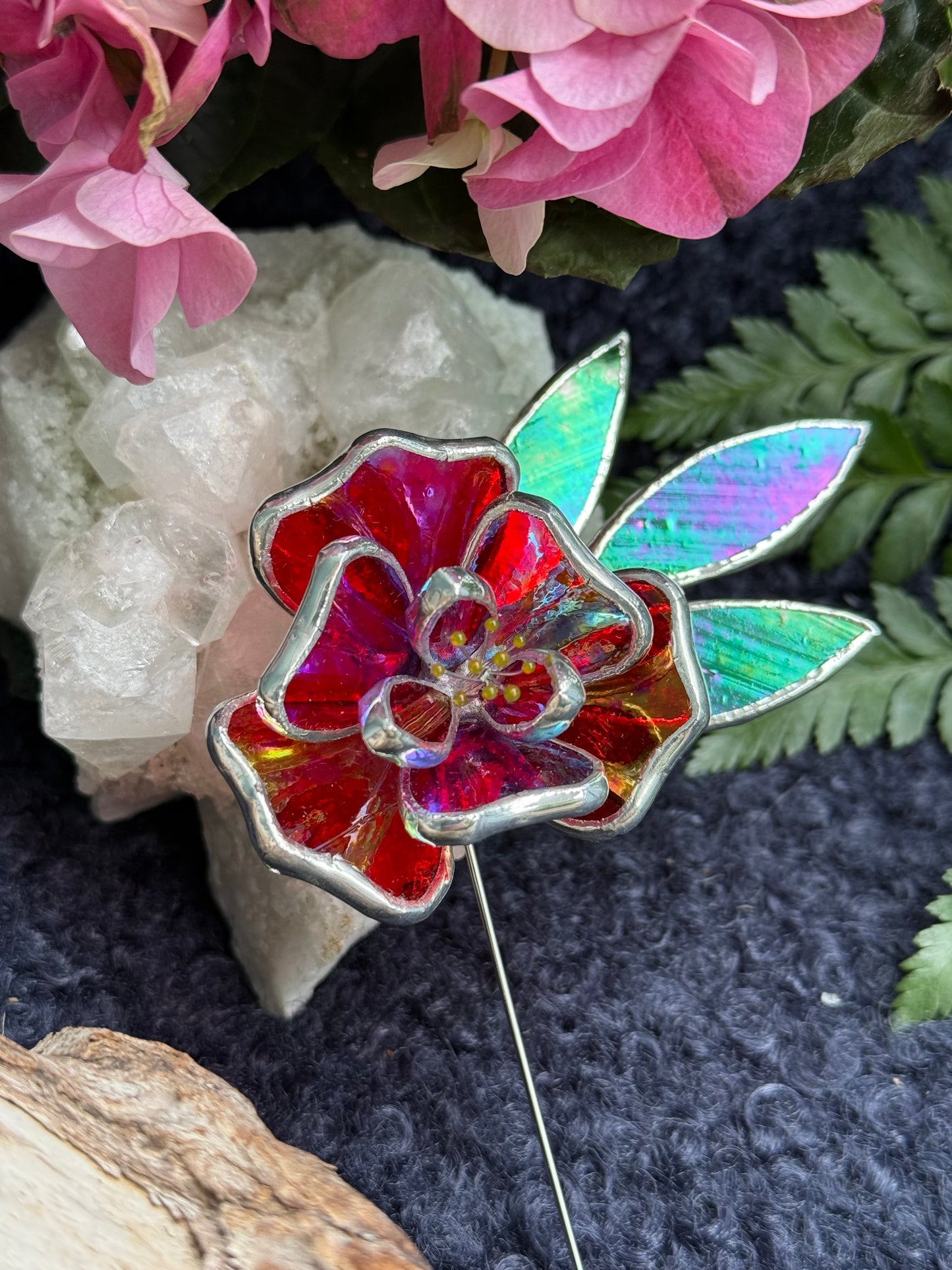 Red Rose Brooch Statement Stained Glass Floral Pin, Modern Art Jewelry