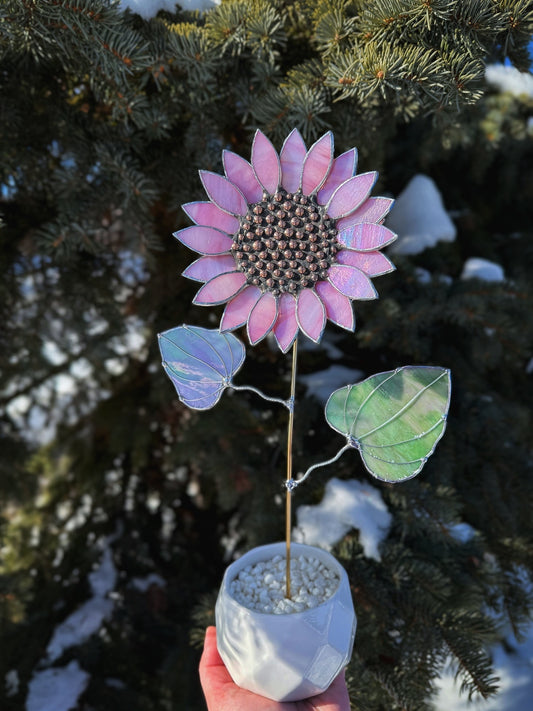 "  . Sunflower Delicate Pink irid ", stained glass tropical flower 3D, Sun catcher, Table plant decor, Garden stake, Outdoor and gardening, wedding Christmas gift