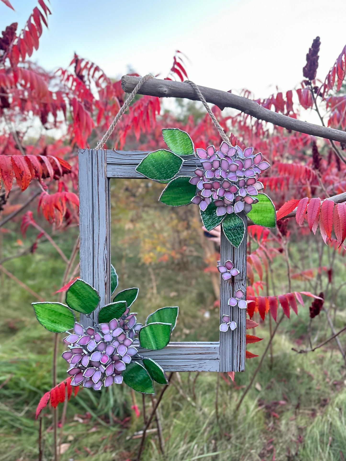 " . Baby Pink Hydrangea Flower Mirror , Stained glass Wedding Wall Decor, Christmas gift, Suncatcher, available