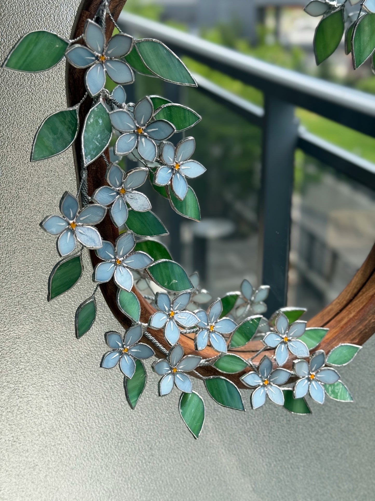 .Forget Me Nots Stained glass Wall Mirror, 3D Botanical Floral Art ready