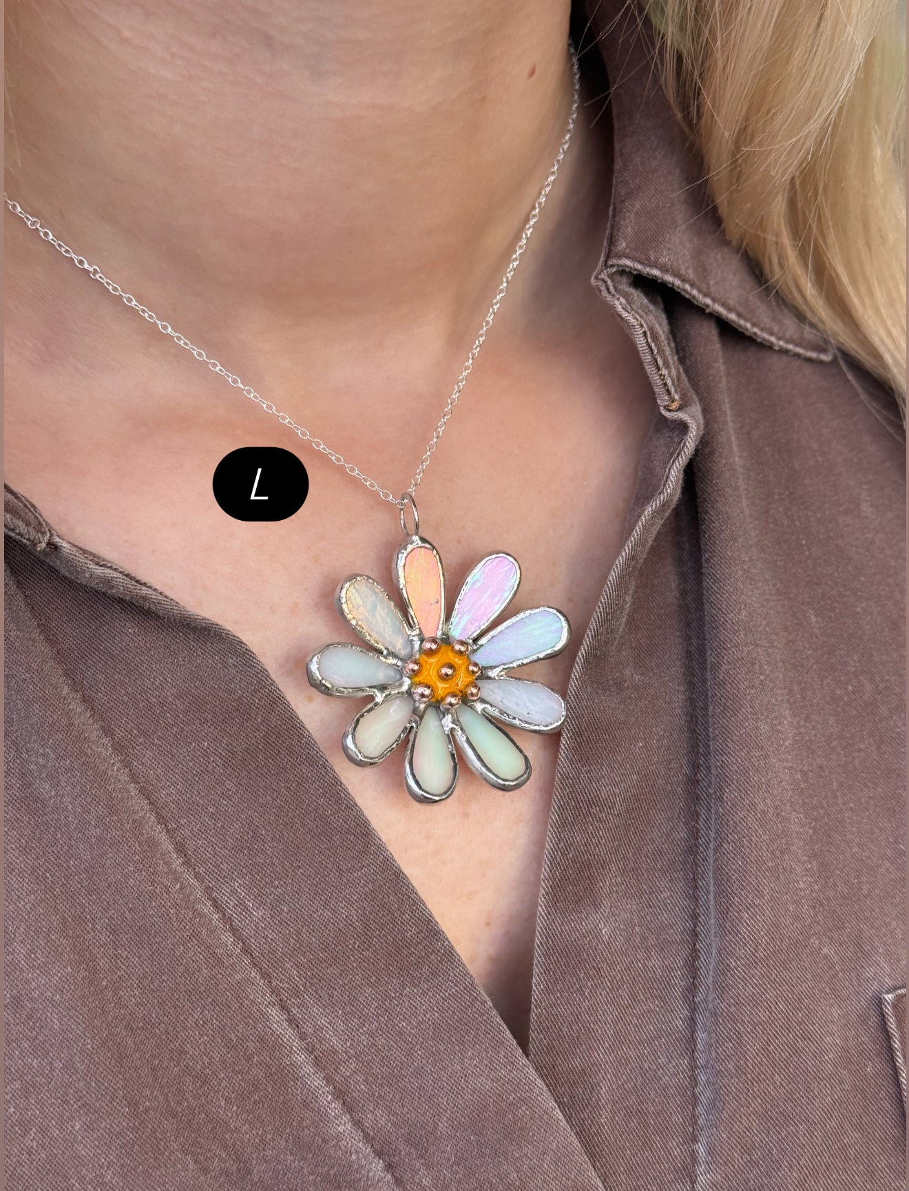 Daisy White Pearl Iridescent L S sizes, Stained Glass Necklace or Brooch, Handmade Botanical Jewelry