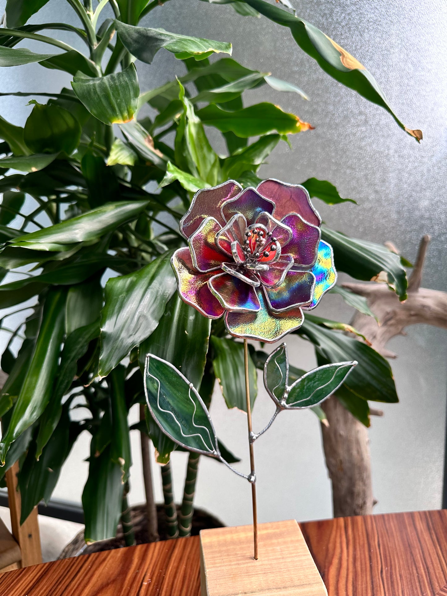 " . Mauve iridescent Peony Stained glass flower, tropical 3D Sun catcher, Table plant decor, wedding gift, available