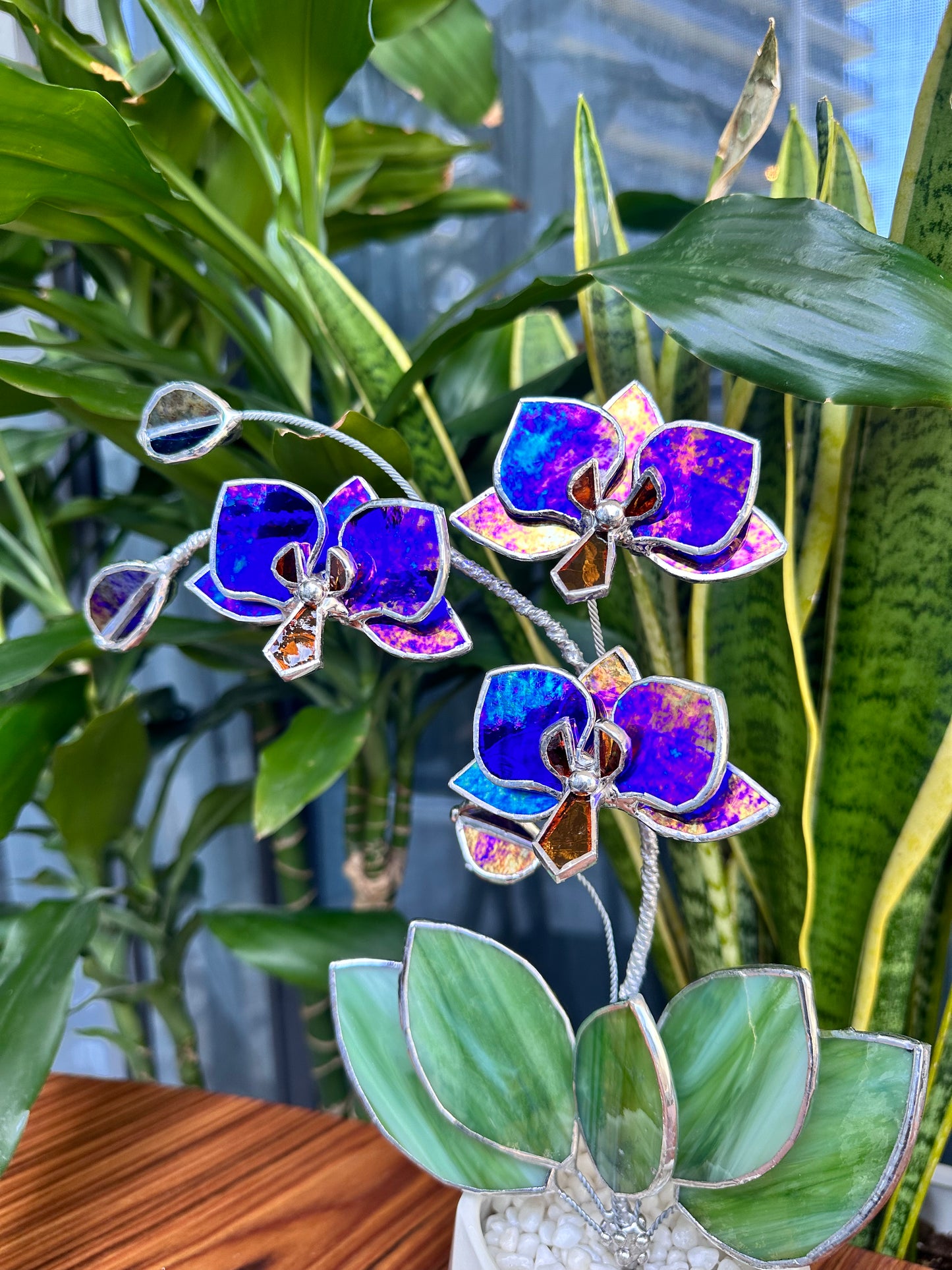 ". Amethyst luminescent Orchid 3 flowers with pot” Stained glass tropical flower 3D, Sun catcher, Table plant, Garden stick, Outdoor and gardening decor