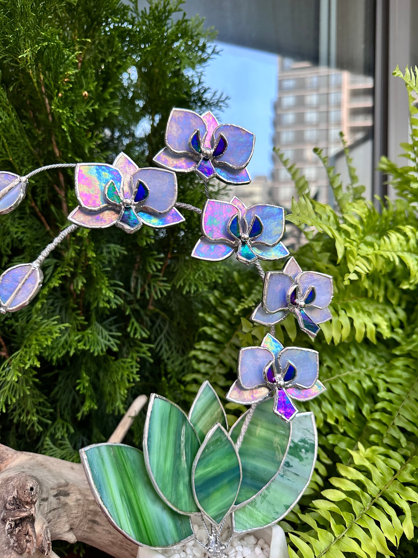 " . Lavender iridescent Orchid 5 flowers with pot" Stained glass tropical flower 3D, Sun catcher, Table plant, Garden stick, wedding decor, Christmas gift